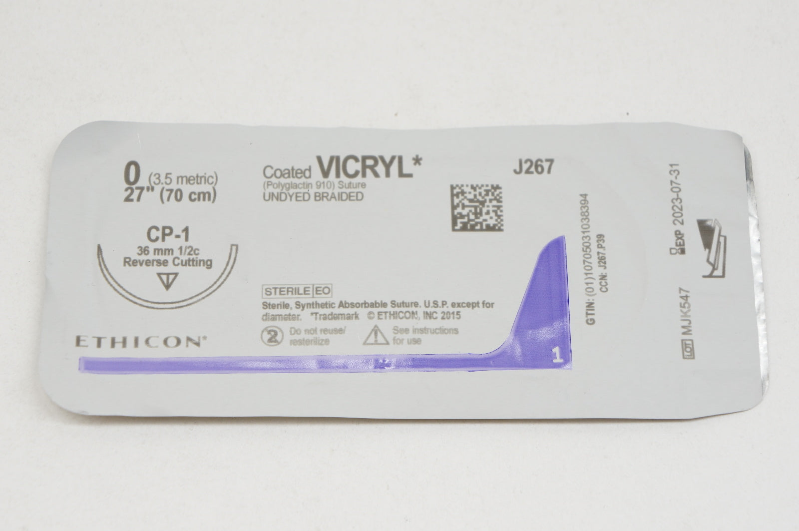 Ethicon J267 0 VICRYL, CP-1, 36mm 1/2c, 27inch