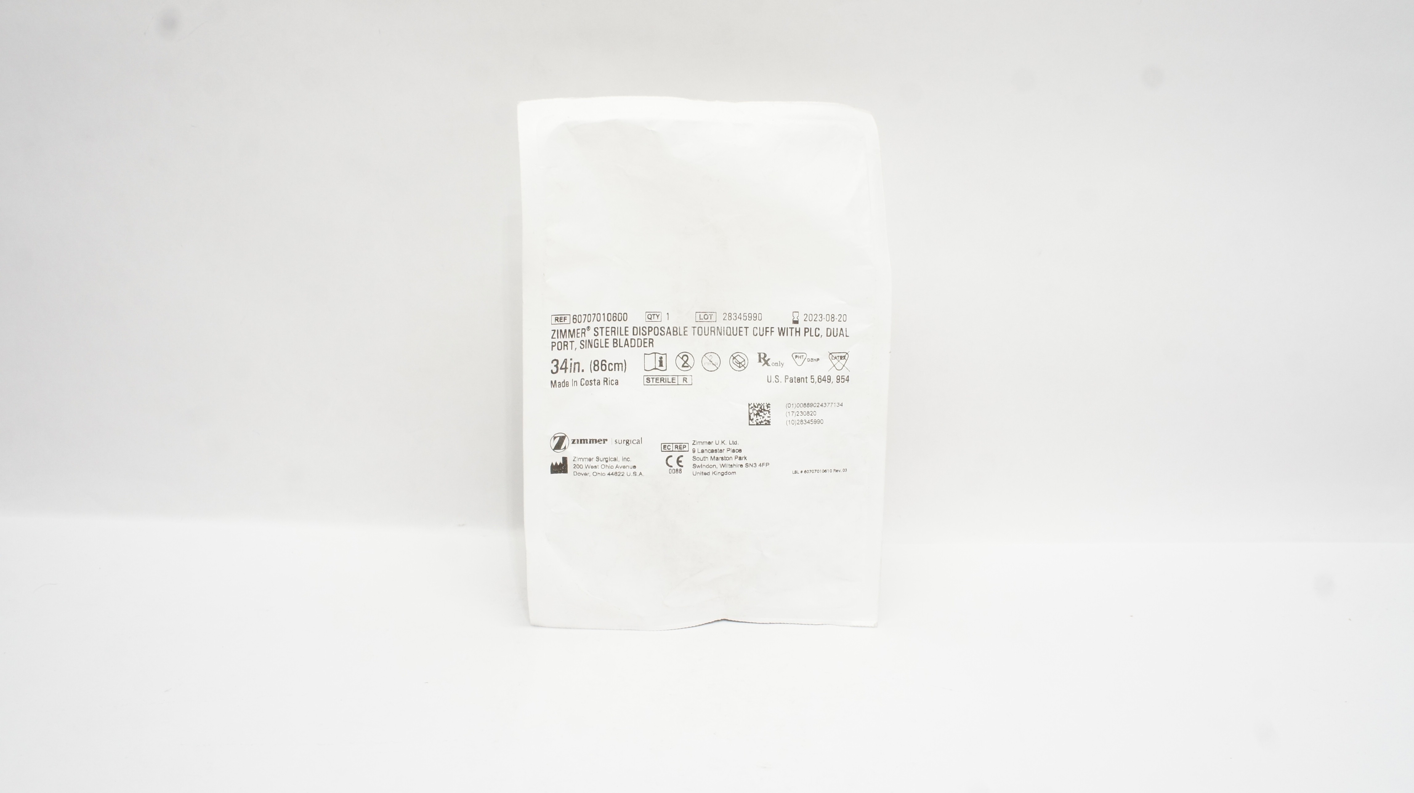 Zimmer 60707010600 Sterile Disposable Tourniquet Cuff W/PLC, Dual Port 34inch(x)