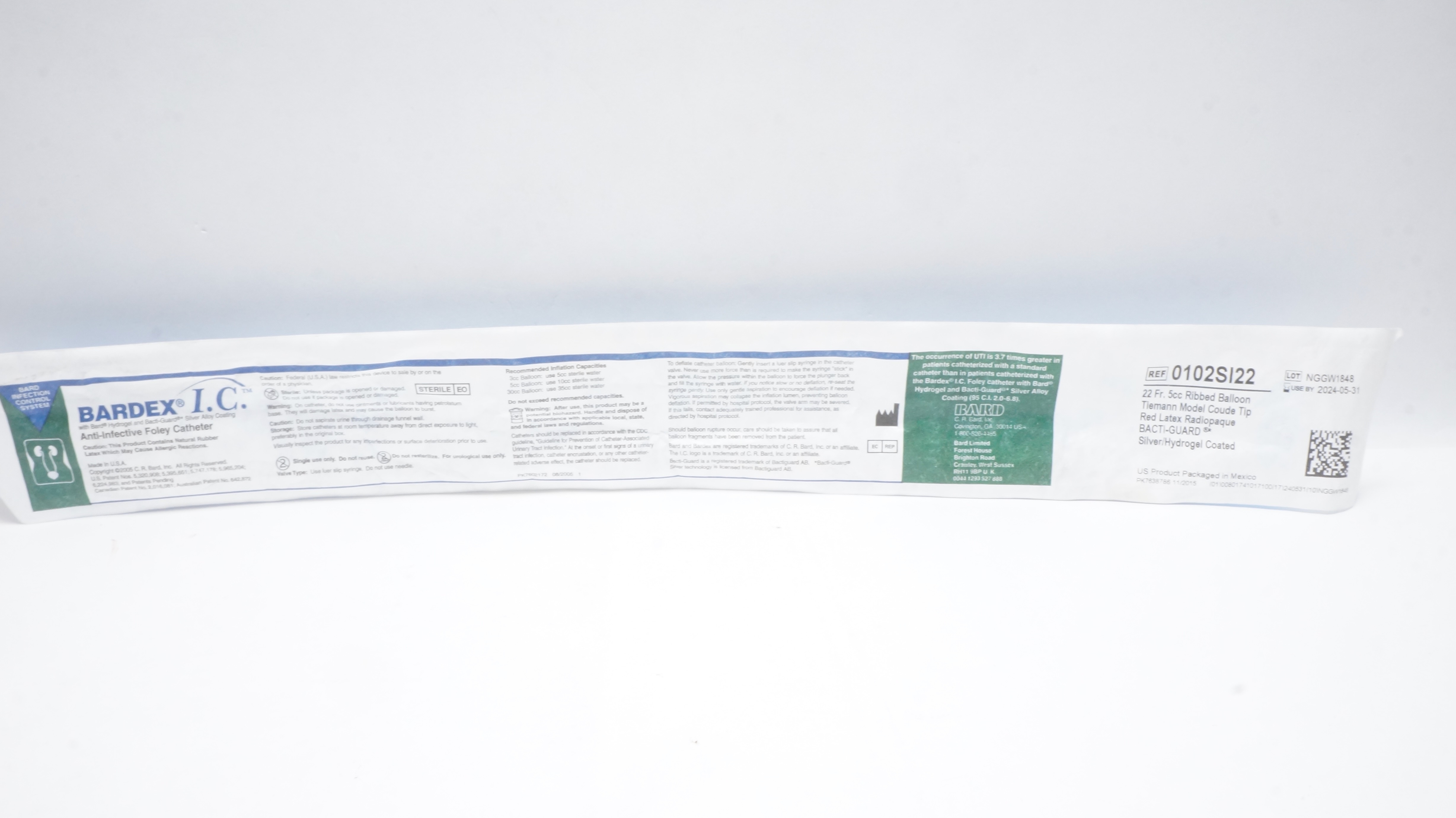 Bard 0102SI22 Bardex I.C. Anti-Infective Foley Catheter 22Fr x 5cc Ribbed Balloon