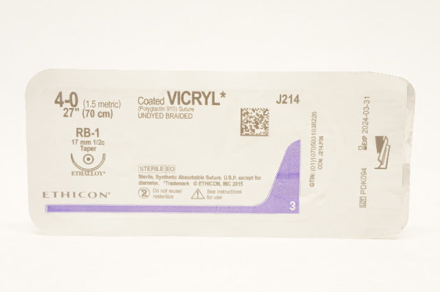 Ethicon J214 4-0 Coated Vicryl Stre Undyed Braided RB-1 17mm Taper, 27inch