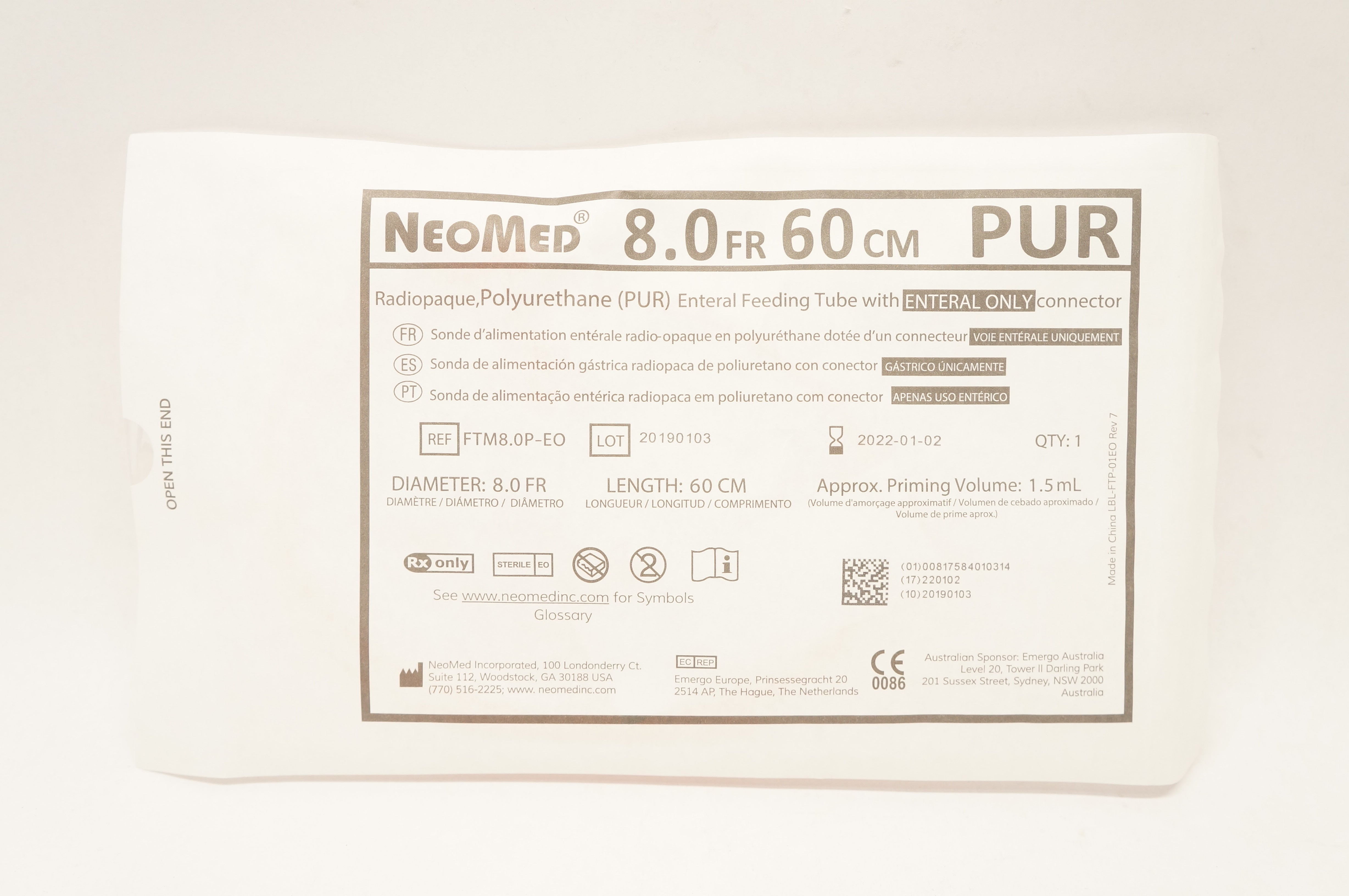 NeoMed FTM8.0P-EO Radiopaque Polyurethane Enteral Feeding Tube 8.0Fr x 60cm (x)