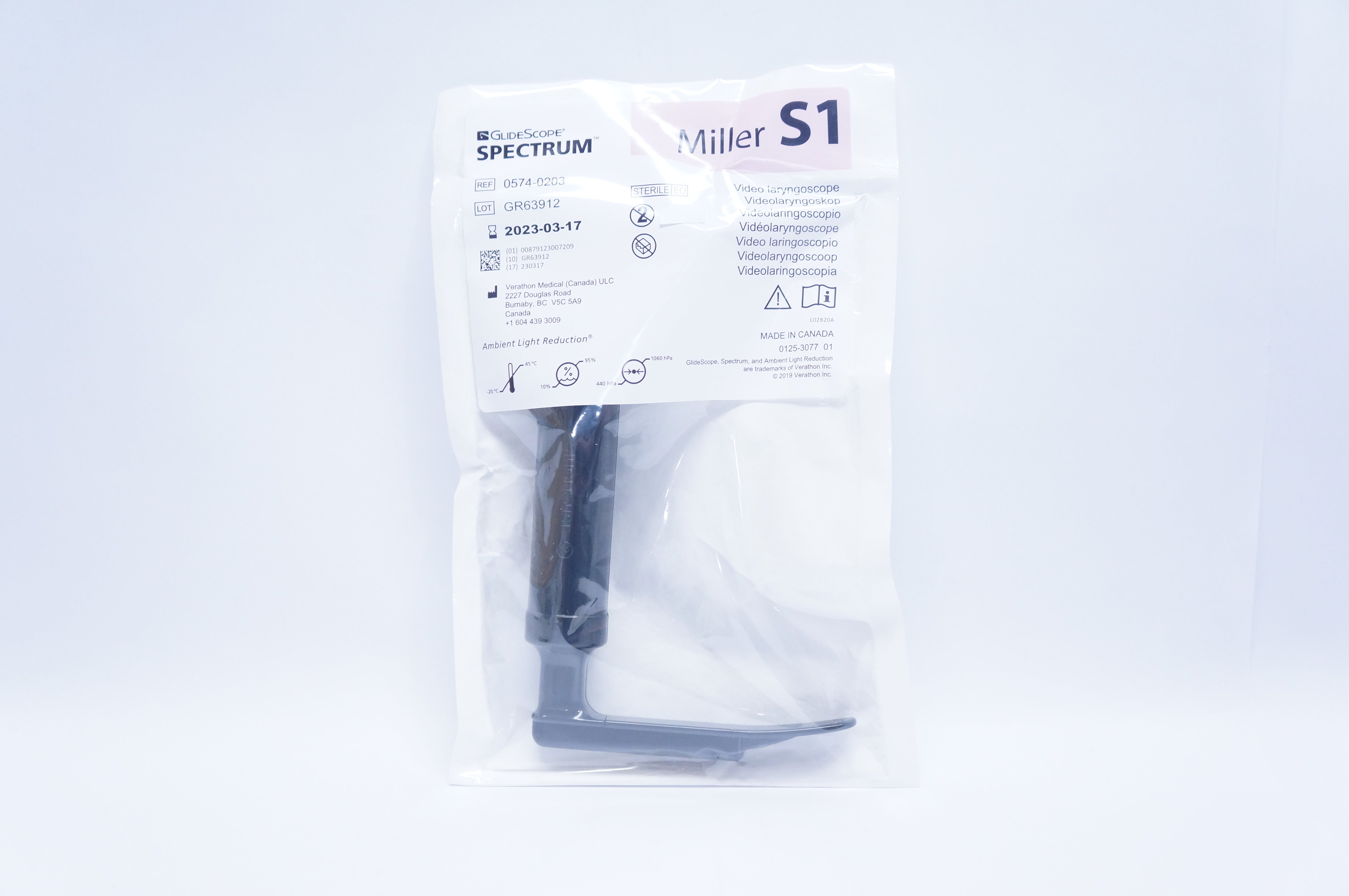 Verathon 0574-0203 GlideScope Spectrum Video Laryngoscope, Miller S1