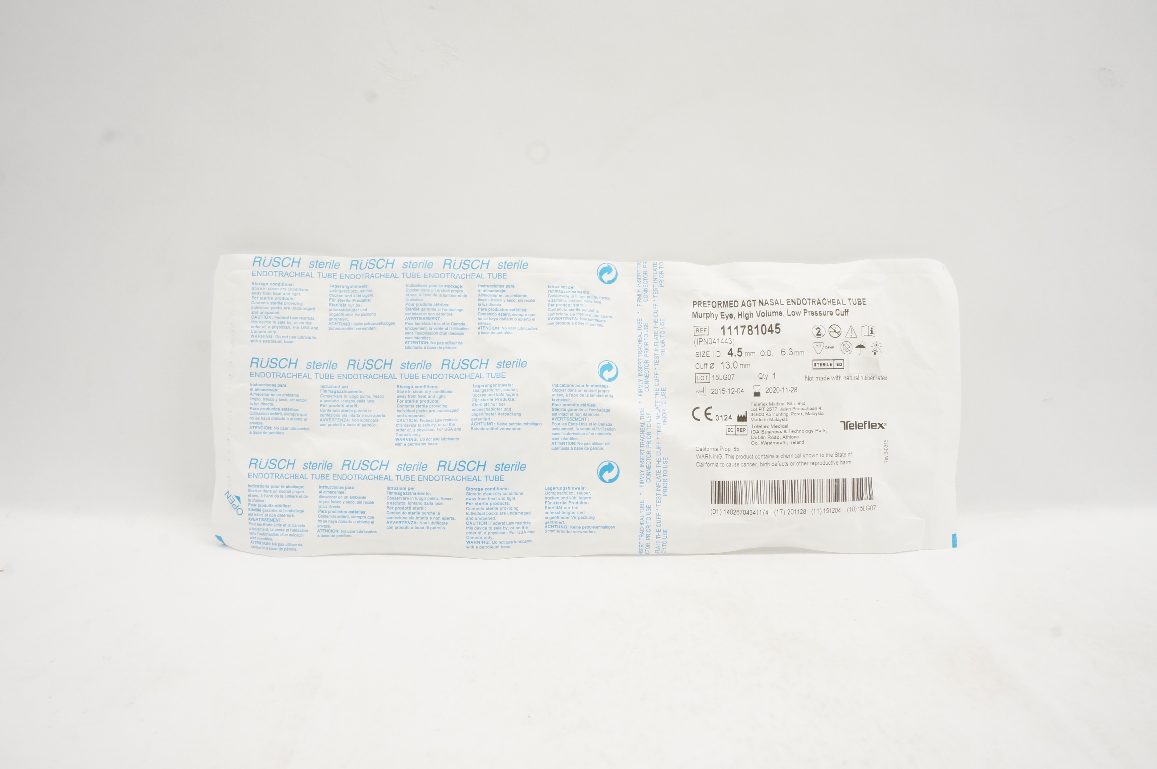 Teleflex 111781045 Preformed Agt Nasal Endotracheal Tube 4.5mmID x 6.3mmOD (x)
