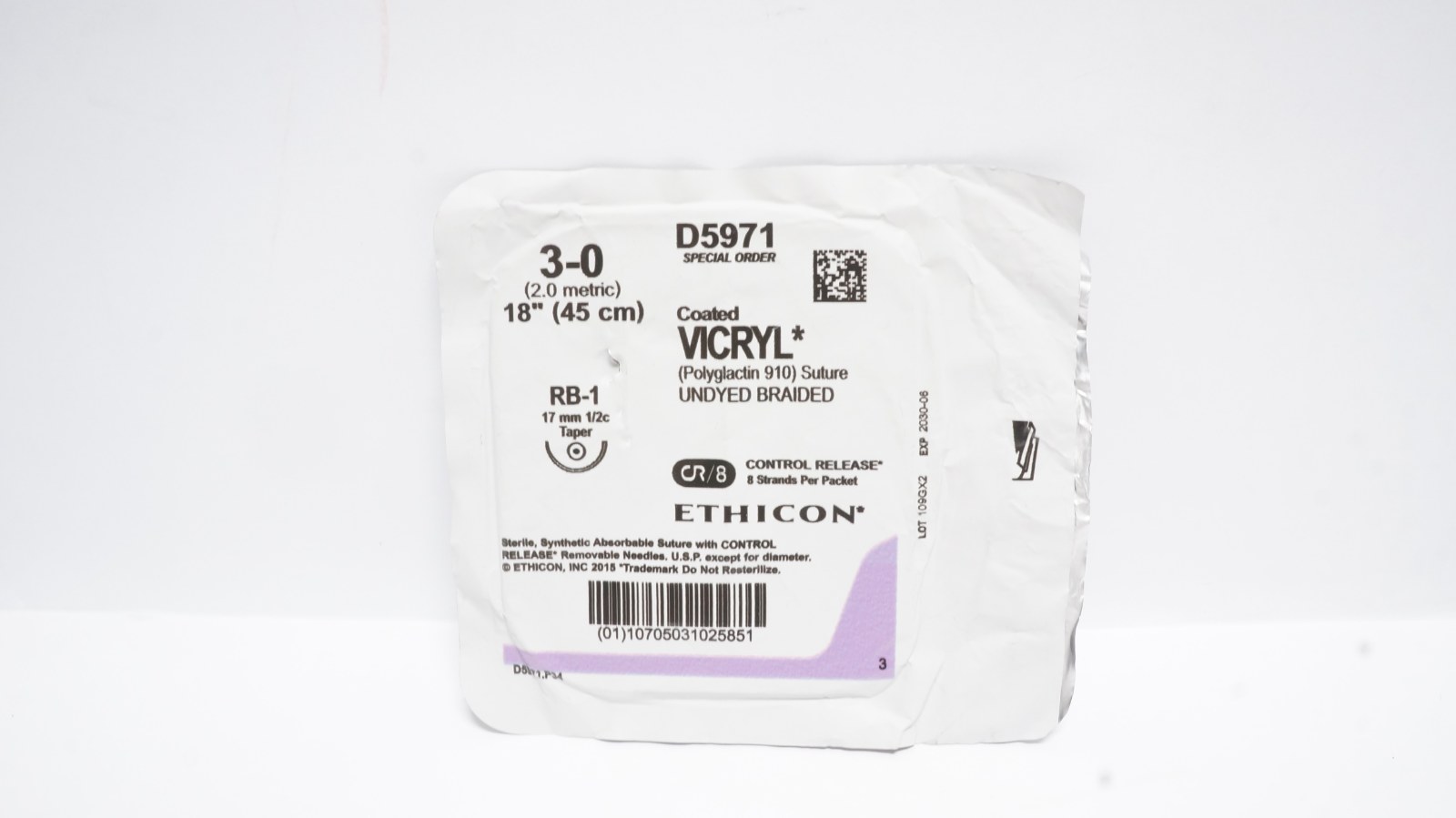 ETHICON D5971 VICRYL Suture 3-0 Undyed 18" RB-1