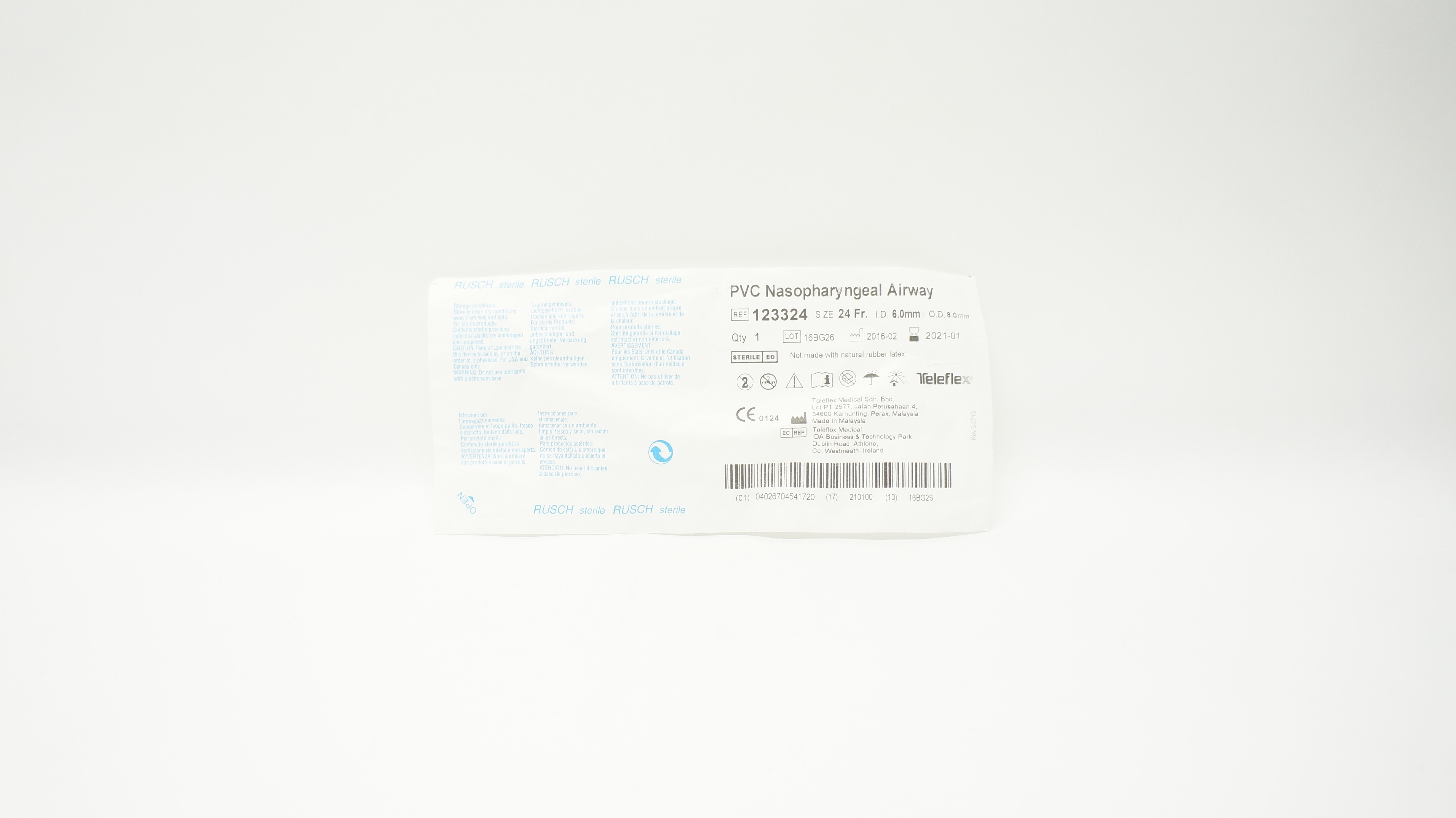 Teleflex 123324 Rusch PVC Nasopharyngeal Airway 24 Fr x 6.0mm ID x 8.0mm OD (x)