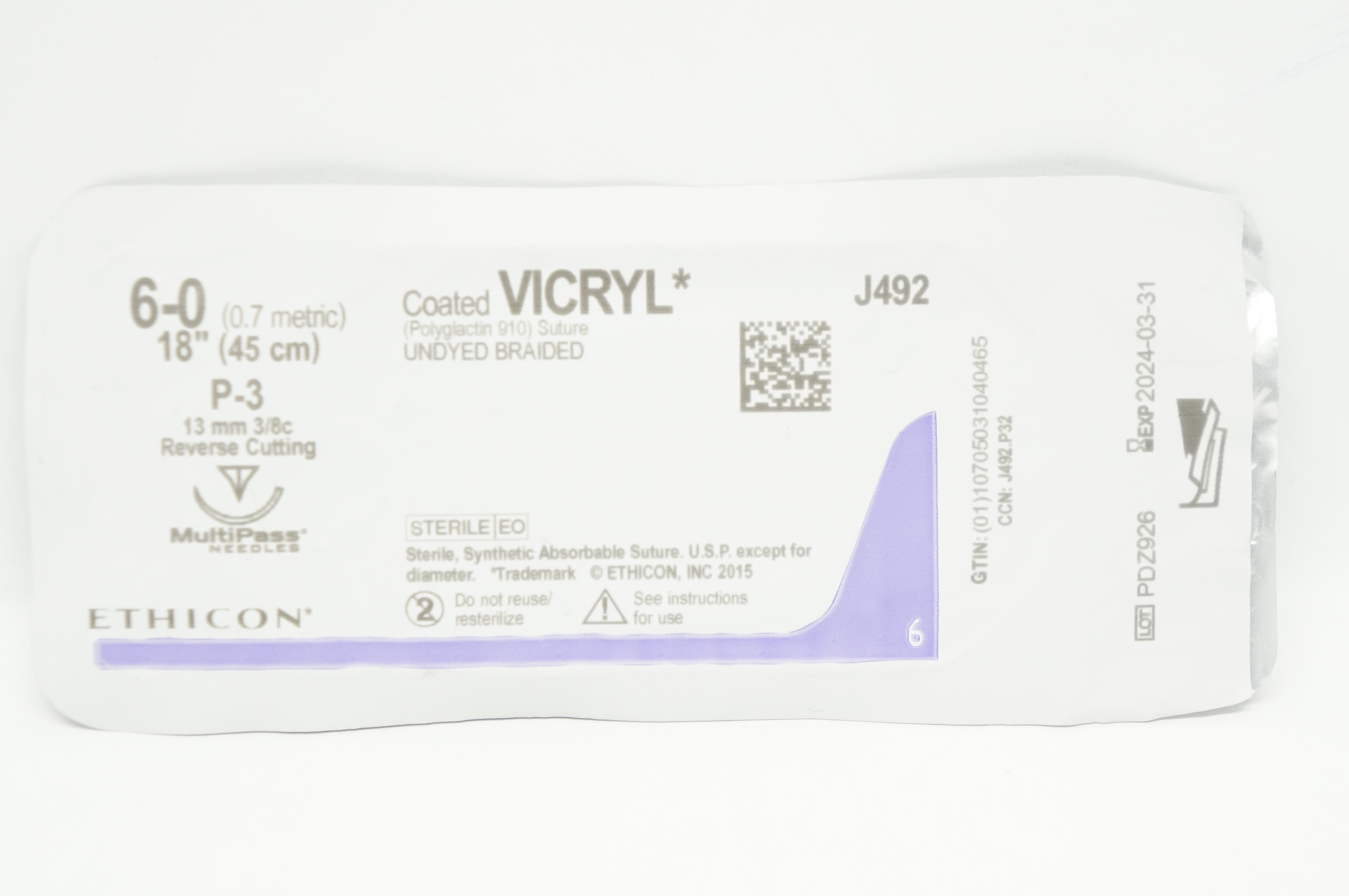 Ethicon J492 6-0 Coated VICRYL Stre P-3 13mm 3/8c Reverse Cutting 18inch