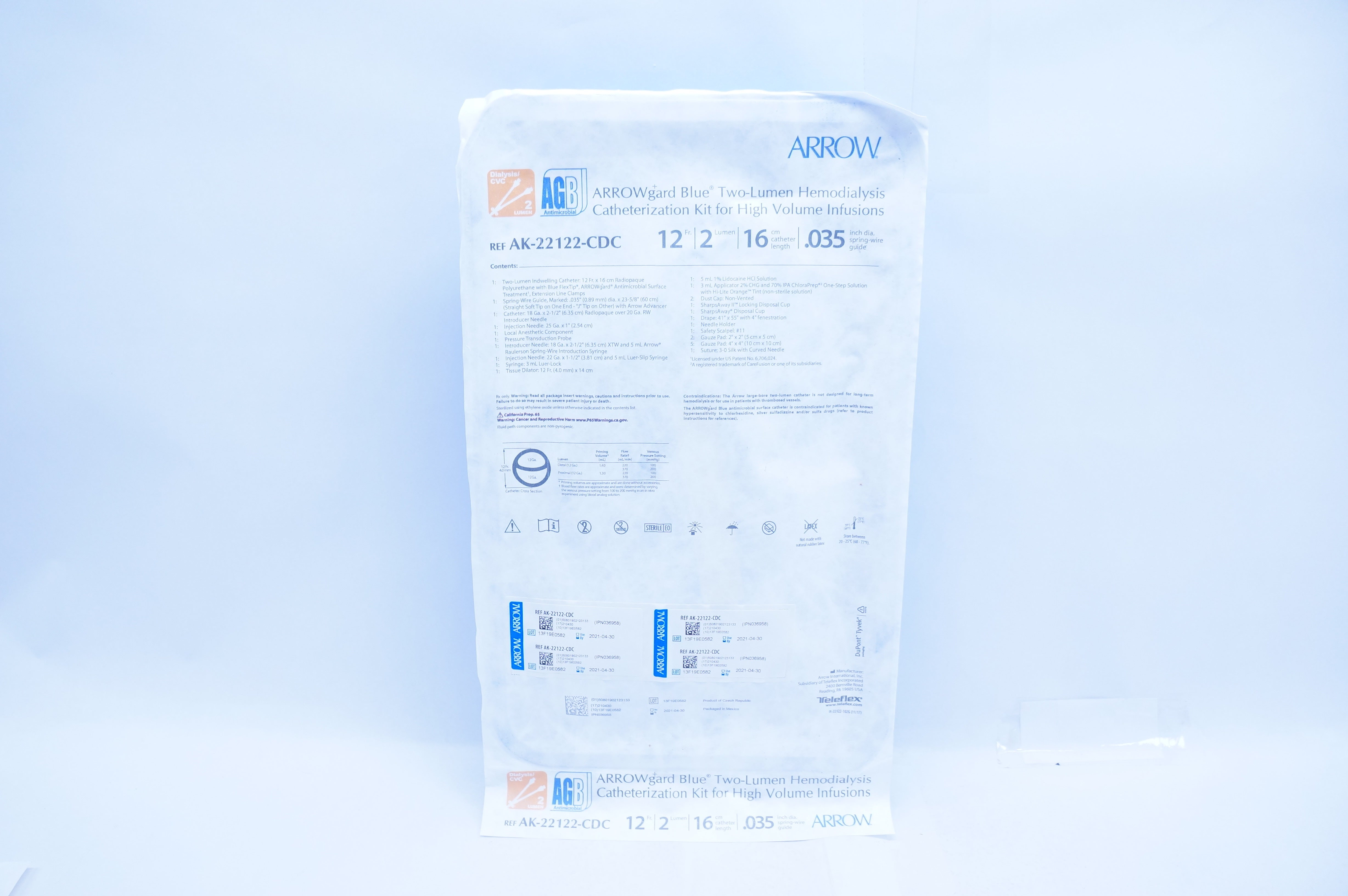 Arrow AK-22122-CDC Arrowgard Blue Two-Lumen Hemodialysis Catheterization 12Fr.