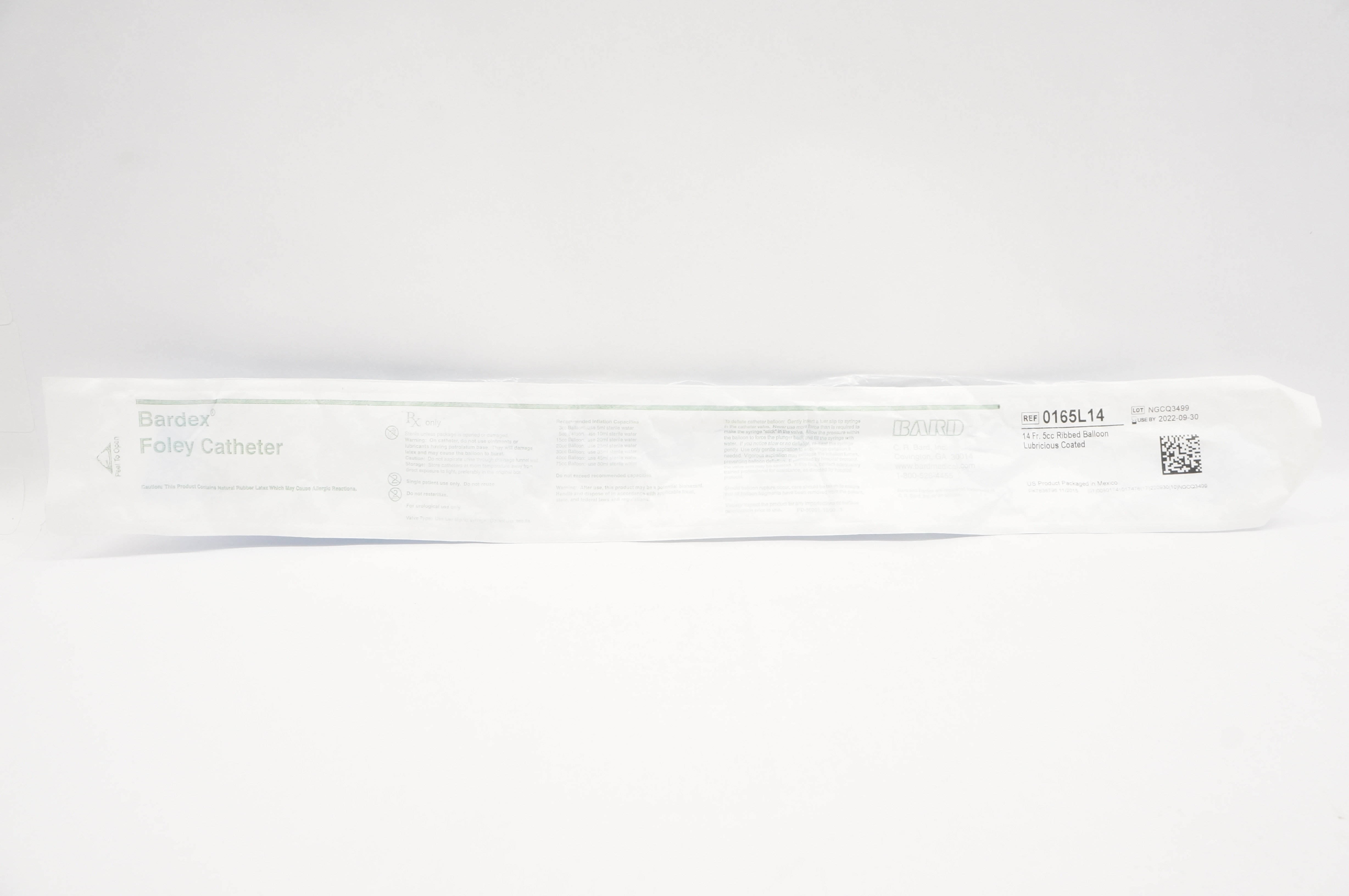 Bard 0165L14 Bardex Foley Cath. 14Fr 5cc Ribbed Balloon Lubricious Coated