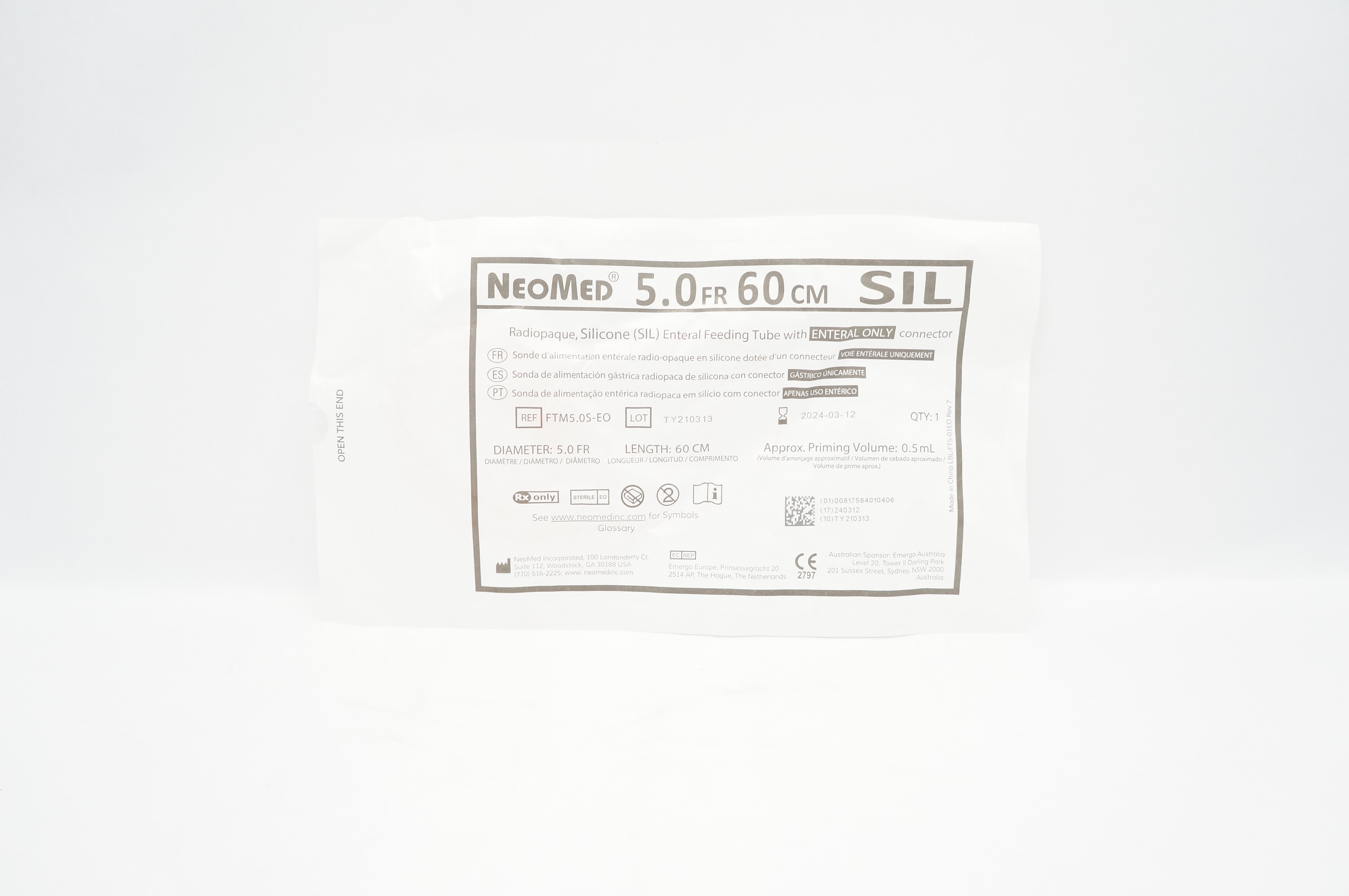 NeoMed FTM5.OS-EO Silicone Feeding Tube with Connector 5.0Fr x 60cm
