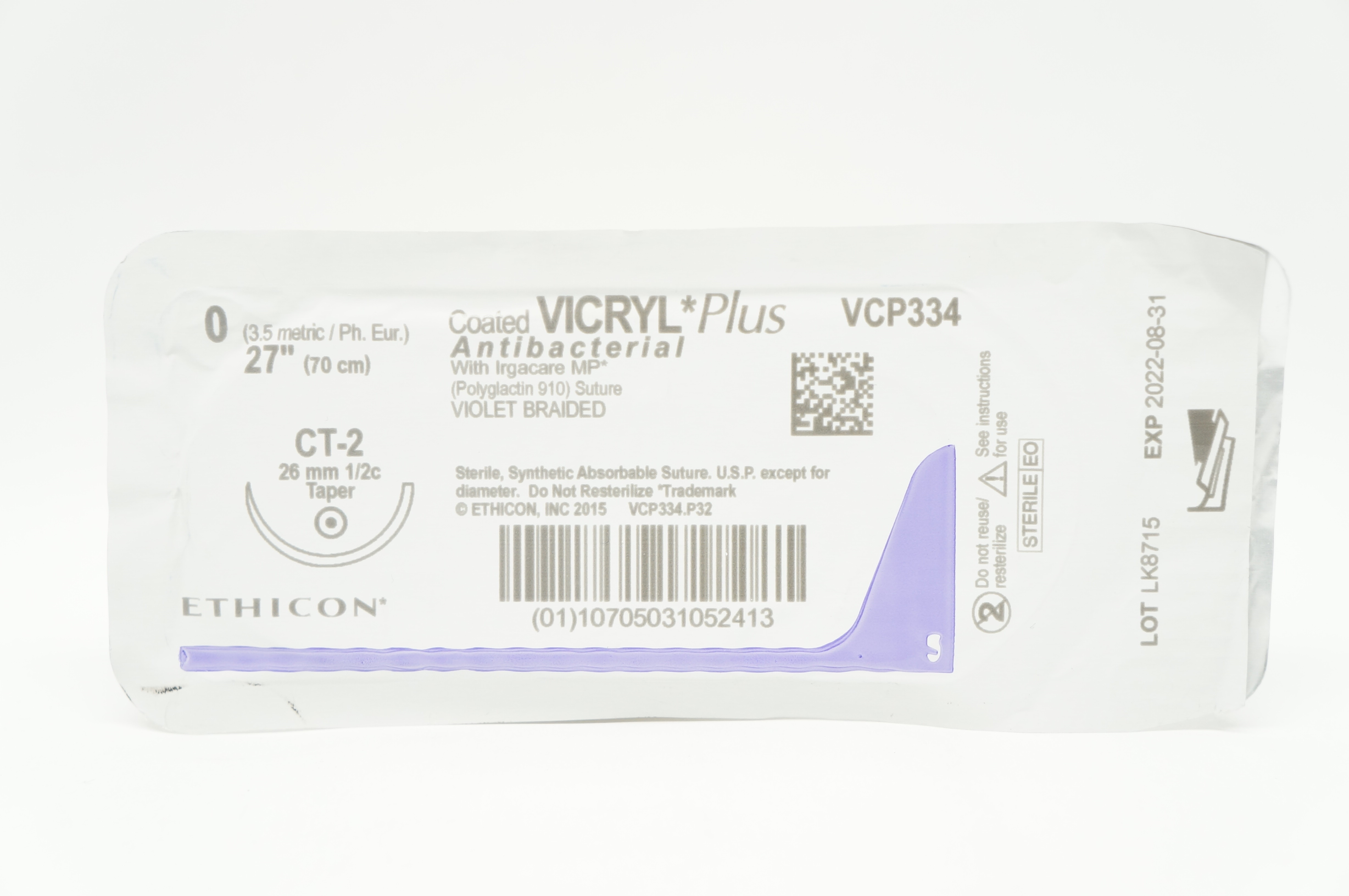Ethicon VCP334 0 VICRYL PLUS, CT-2, 26mm 1/2c Taper, 27 inch