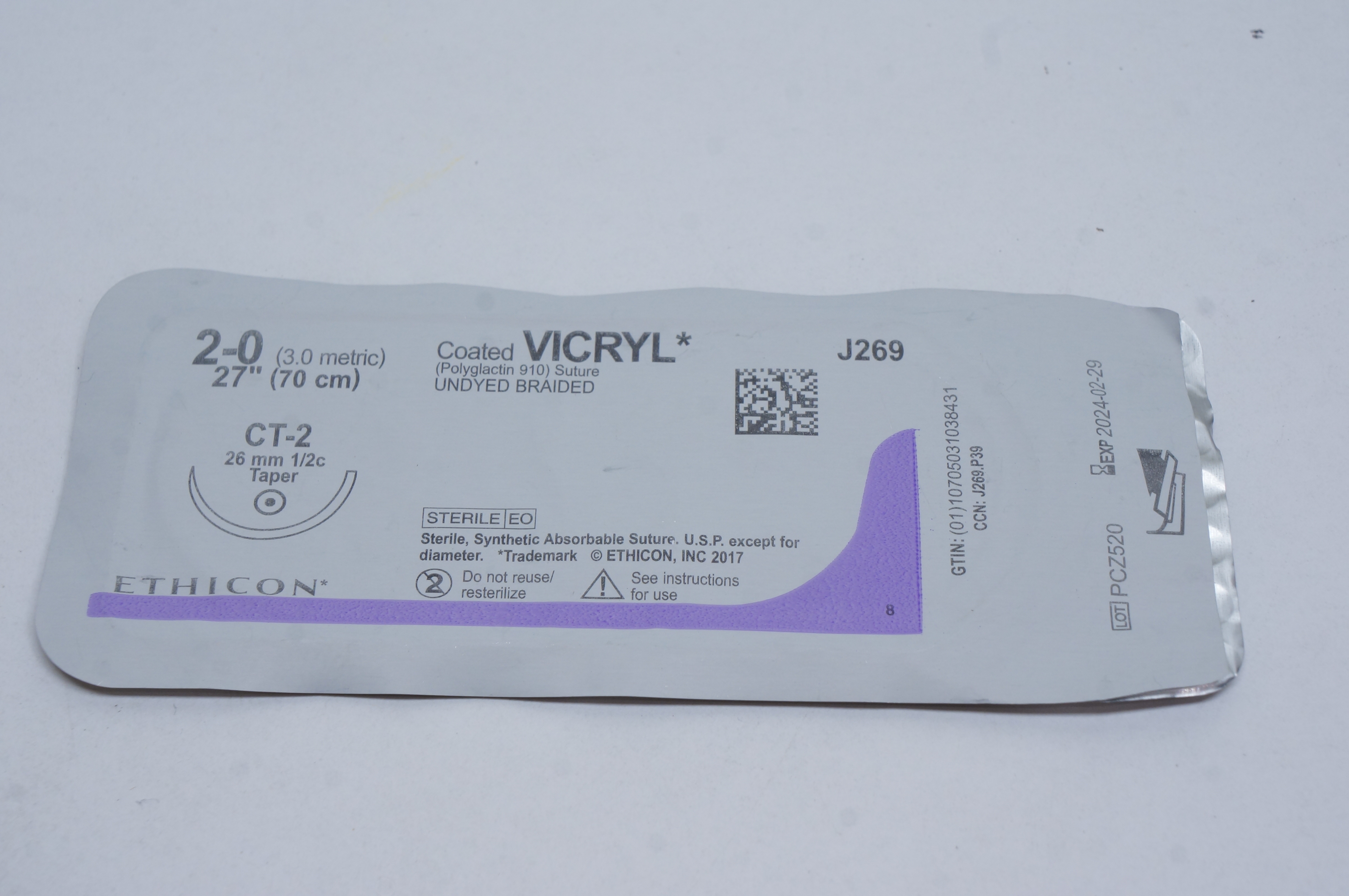 Ethicon J269 2-0 VICRYL, CT-2, 26mm 1/2c Taper, 27inch