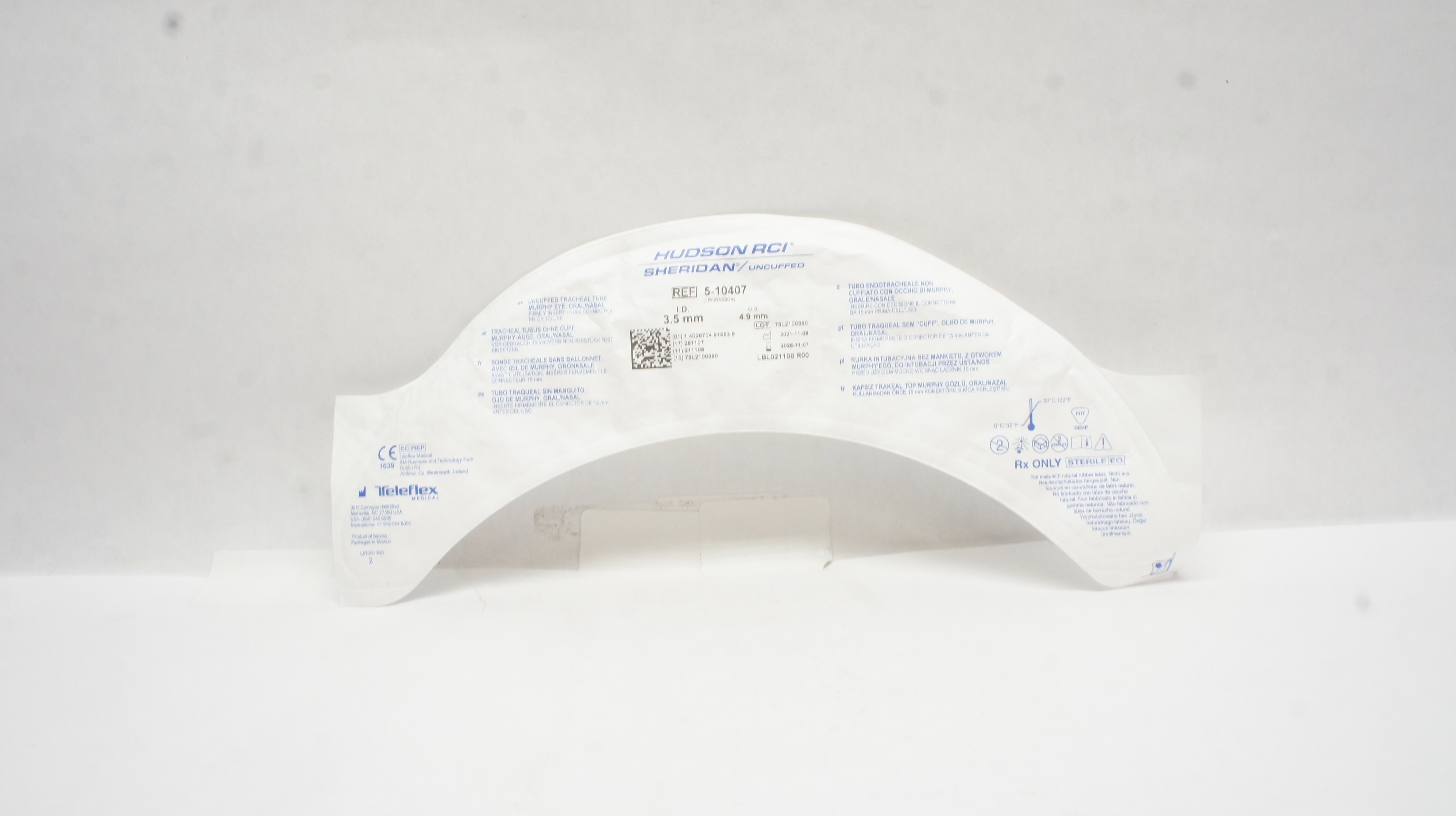 Teleflex 5-10407 Hudson RCI Sheridan Tracheal Tube Uncuffed 3.5mm ID x 4.9mm OD