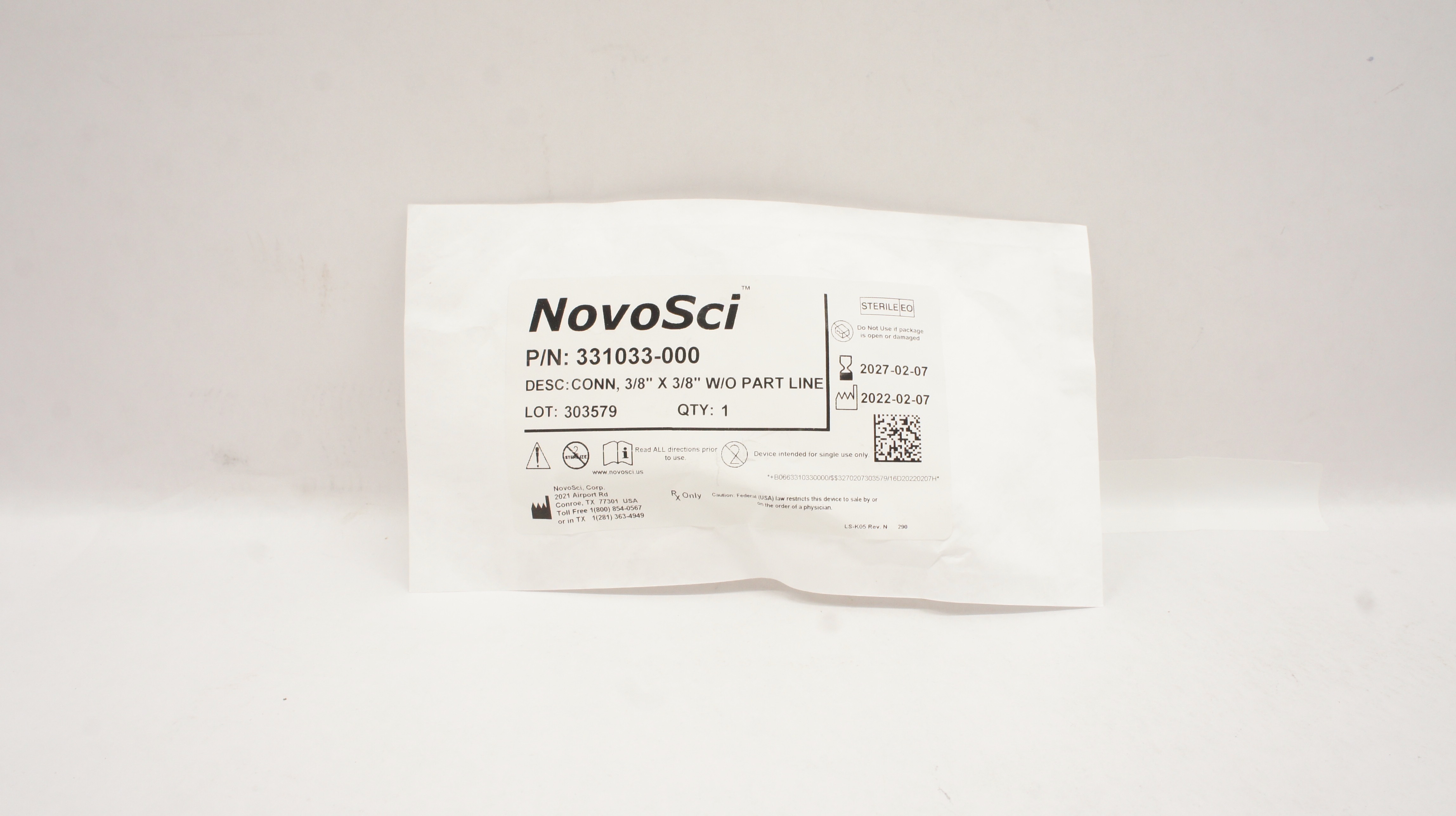 NovoSci 331033-000 Connector w/o Part Line, 3/8inch x 3/8inch