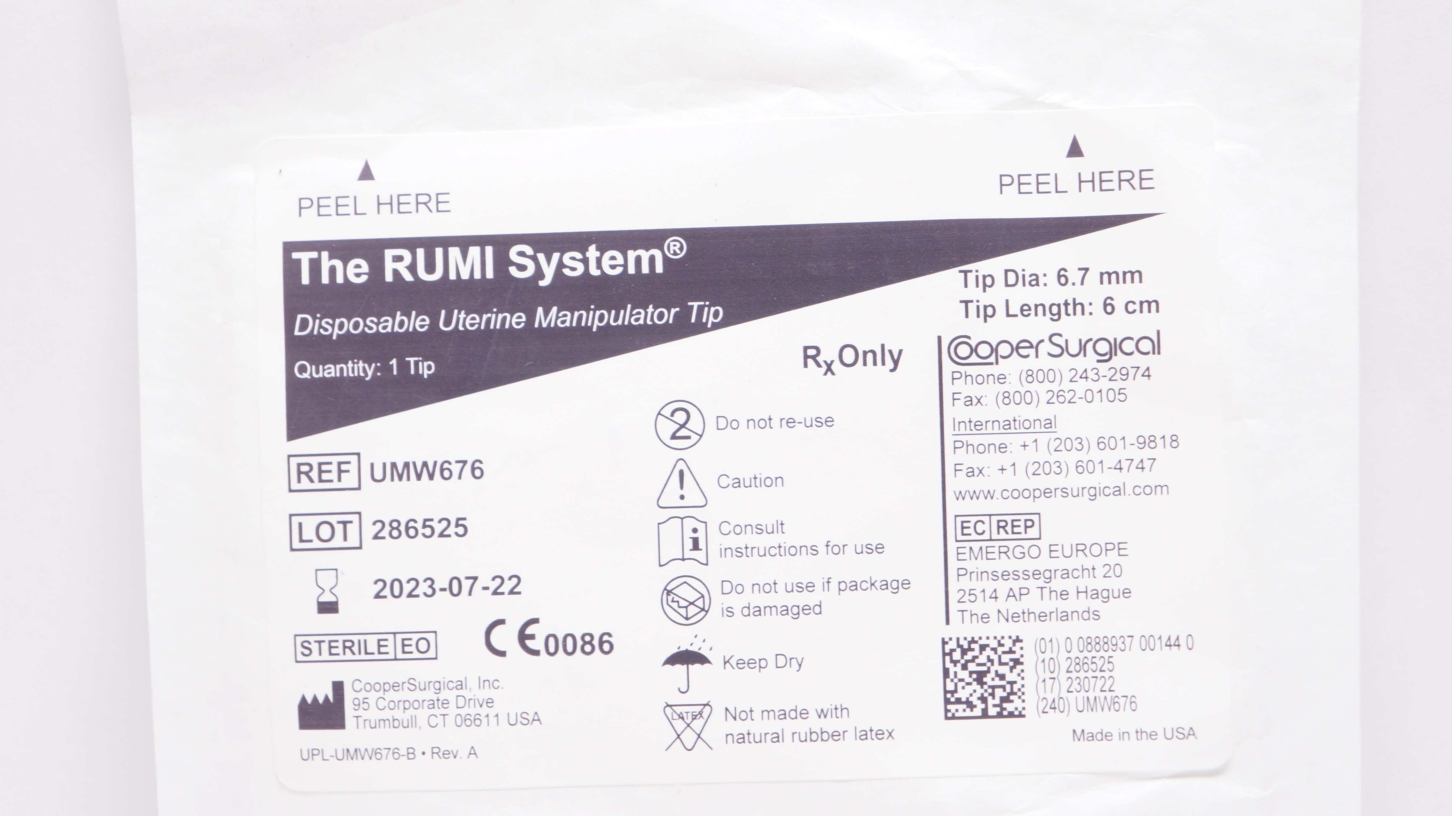 Cooper Surgical UMW676 The RUMI System Uterine Manipulator Tip 6.7mm x 6cm (x)