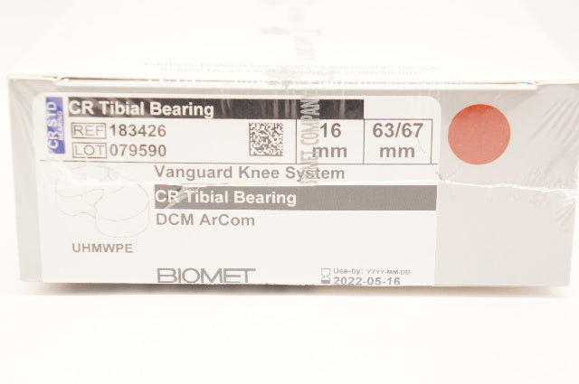Biomet 183426 Vanguard Knee System CR Tibial Bearing DCM ArCom 16 x 63/67mm(x)