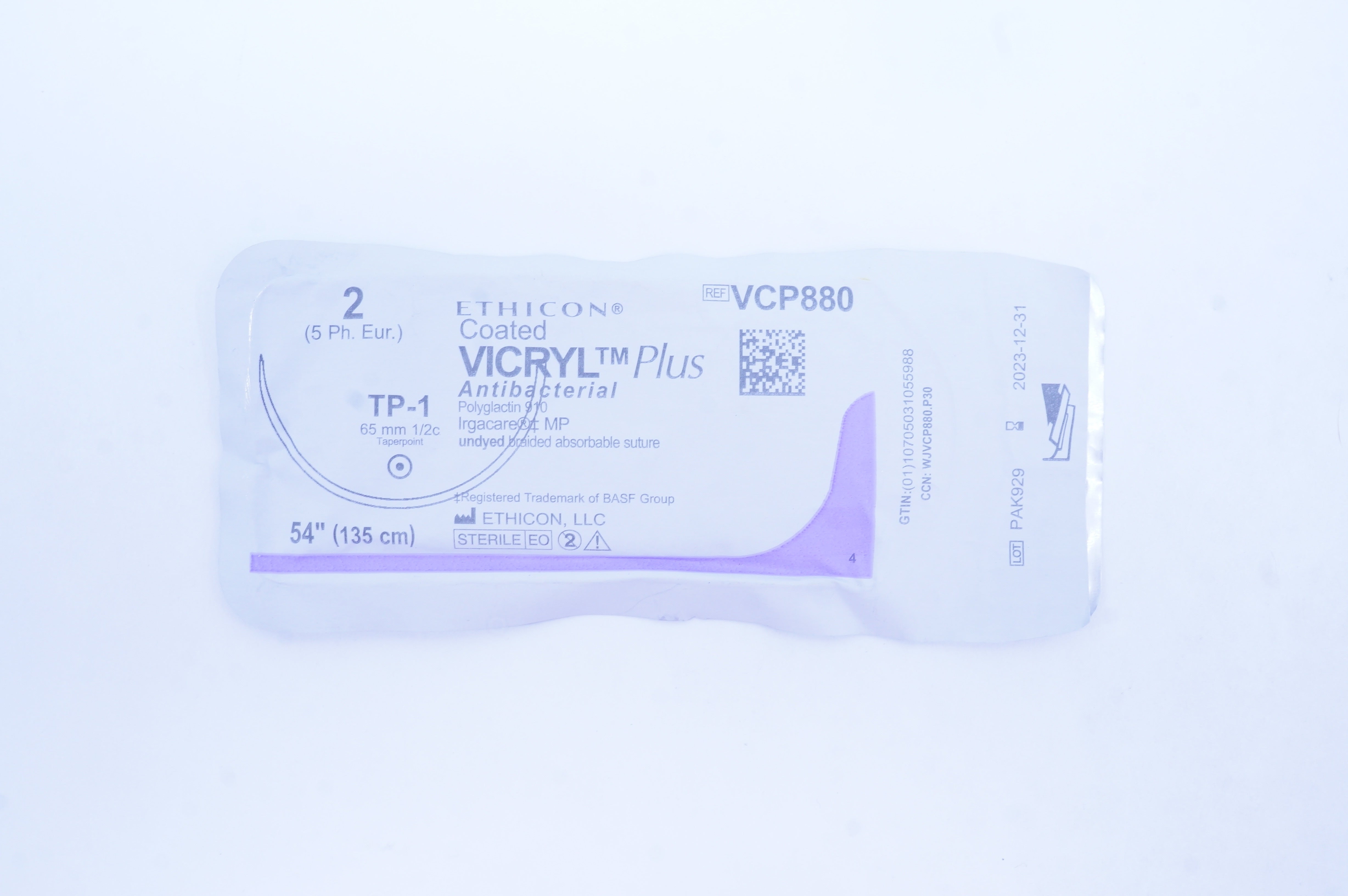 Ethicon VCP880 2 Coated VICRYL Plus Stre TP-1 65mm 1/2c Taperpoint, 54 inch