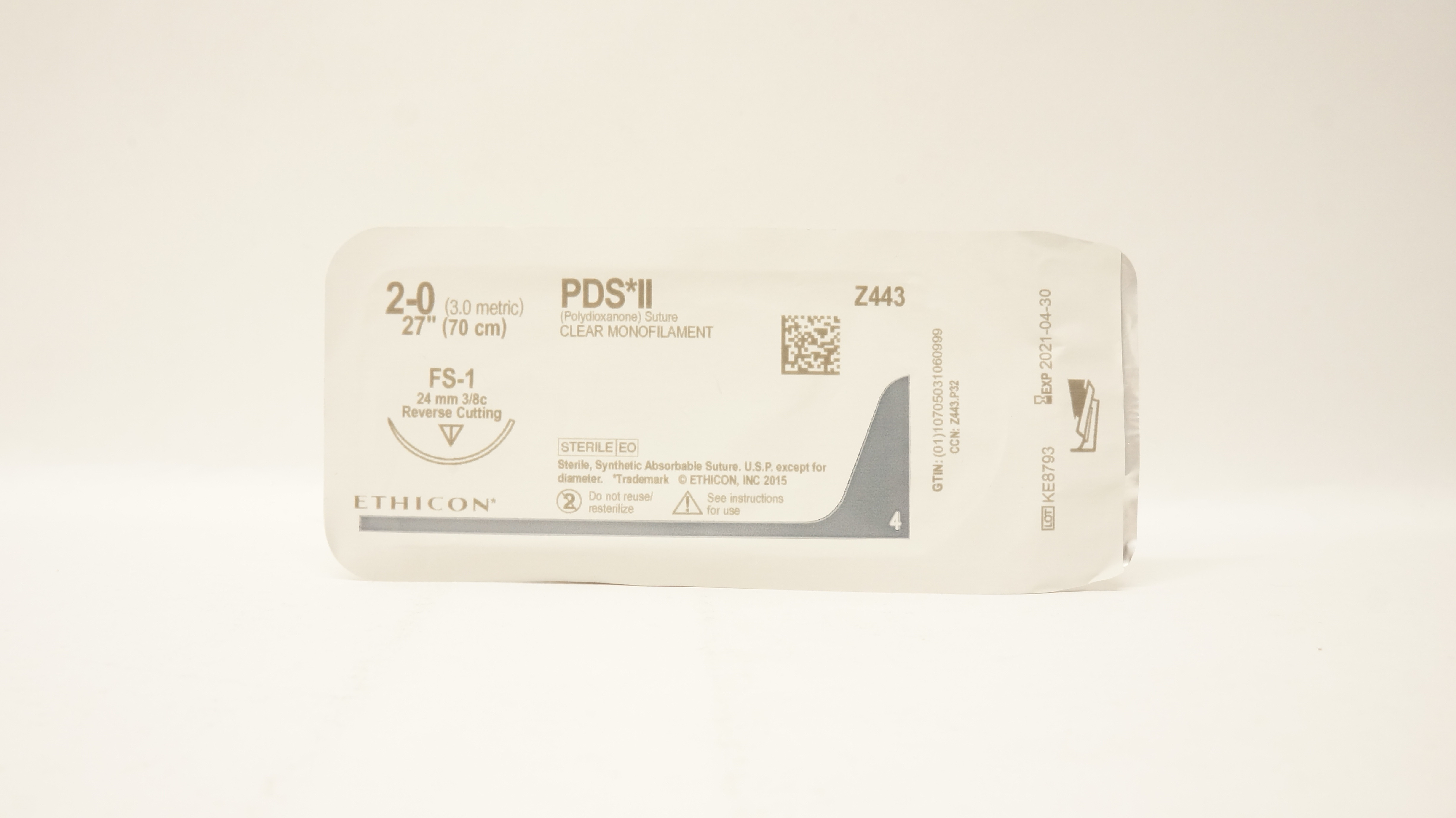 Ethicon Z443 2-0 PDS II, FS-1, 24mm 3/8c Reverse Cutting, 27inch (x)