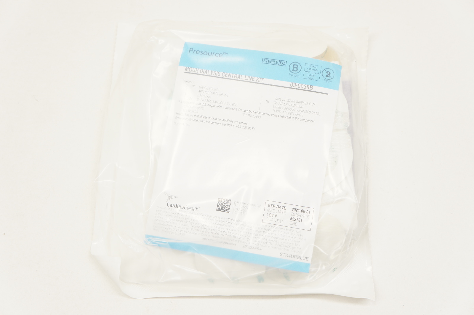 Cardinal Health 03-0038B Presource MGUH Dialysis Central Line Kit