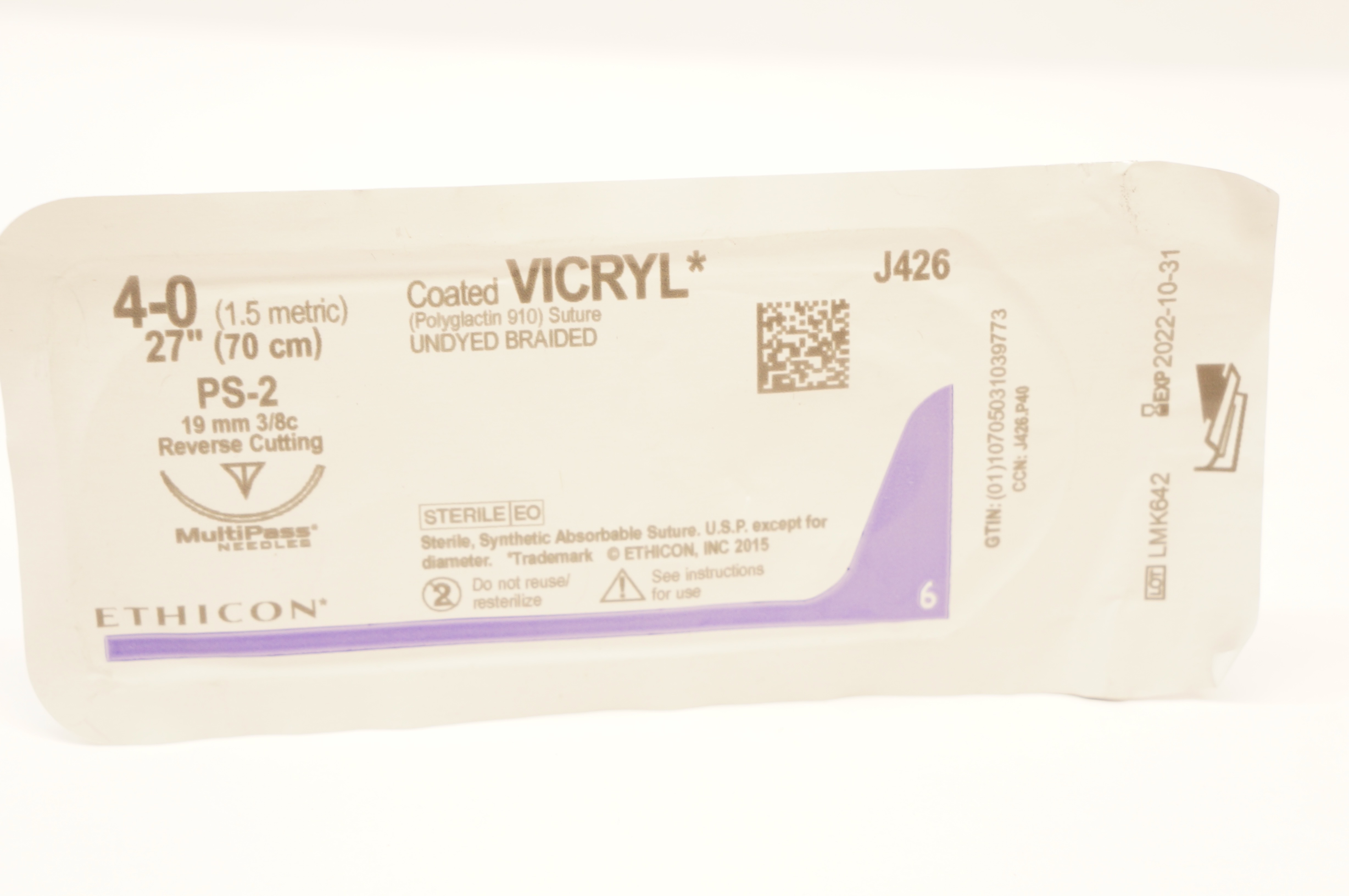 Ethicon J426 4-0 Coated VICRYL Stre PS-2 19mm 3/8c Reverse Cutting, 27inch (x)