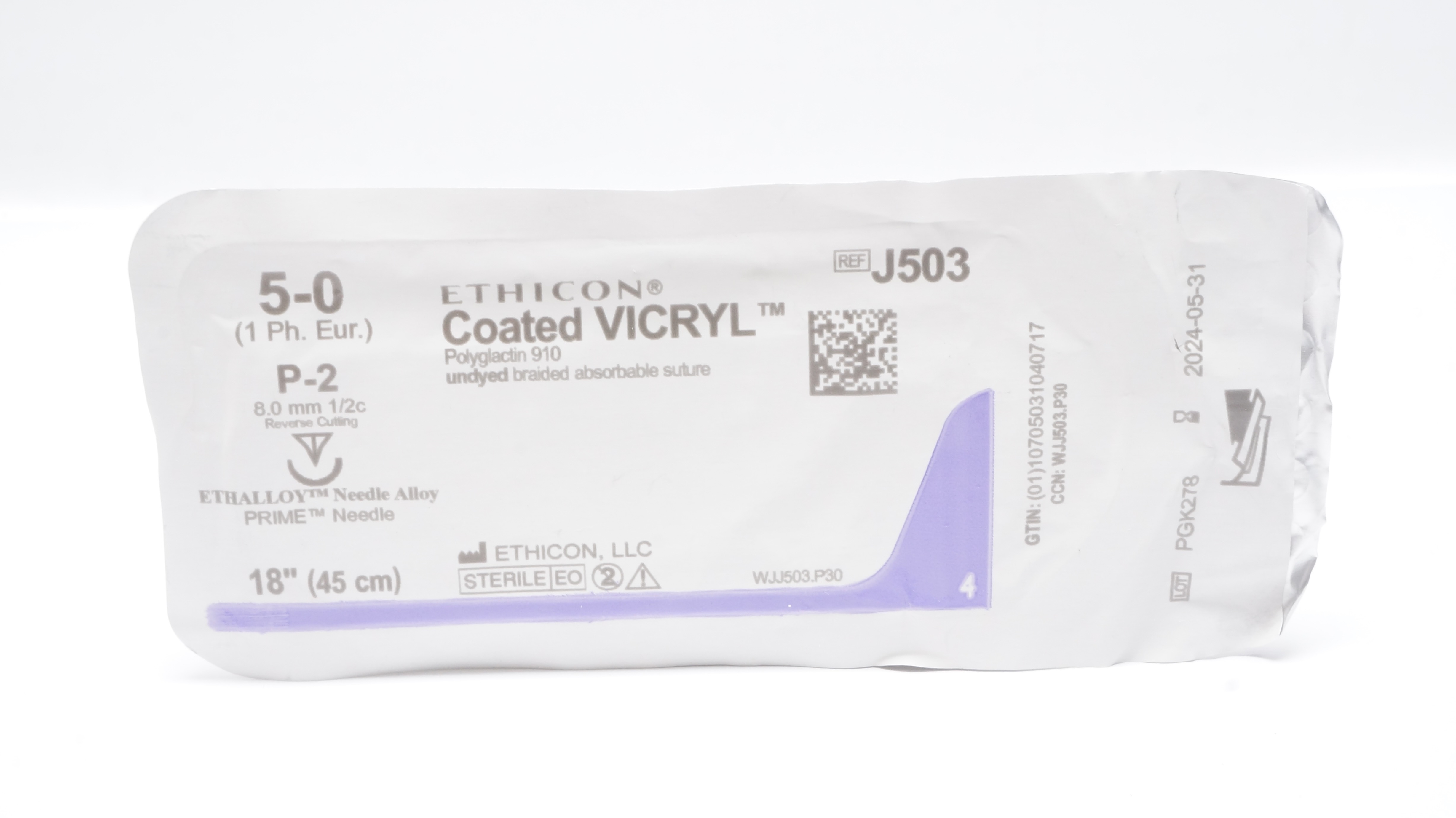Ethicon J503 5-0 Coated VICRYL Stre P-2 8.0mm 1/2c Reverse Cutting, 18inch (x)