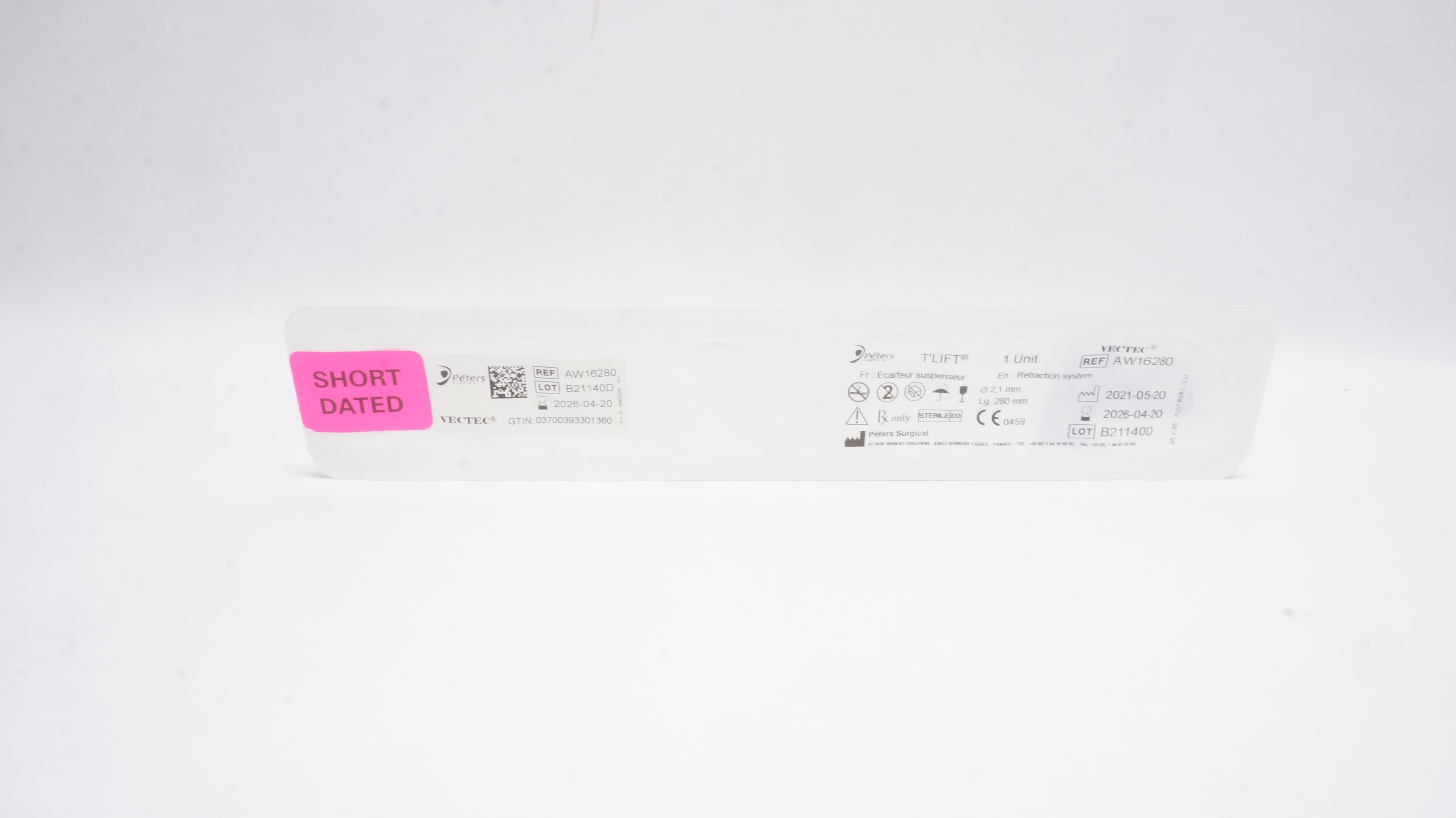 Peters Surgical AW16280 Vectec T-LIFT Ecarteur Suspenseur 2.1mm x 280mm (x)