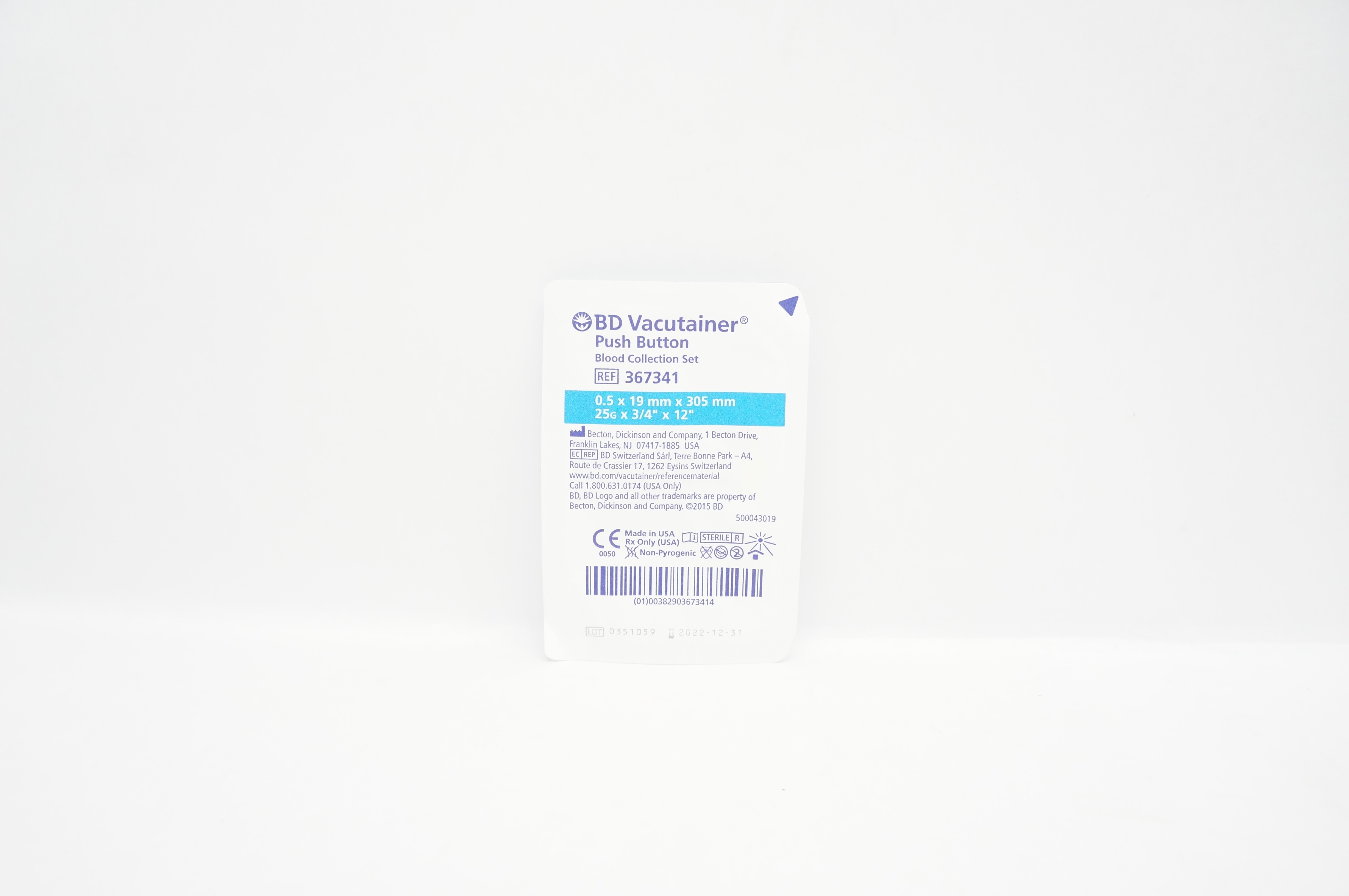 BD 367341 Vacutainer Push Button Blood Collection Set 25G x 3/4inch x 12inch (x)