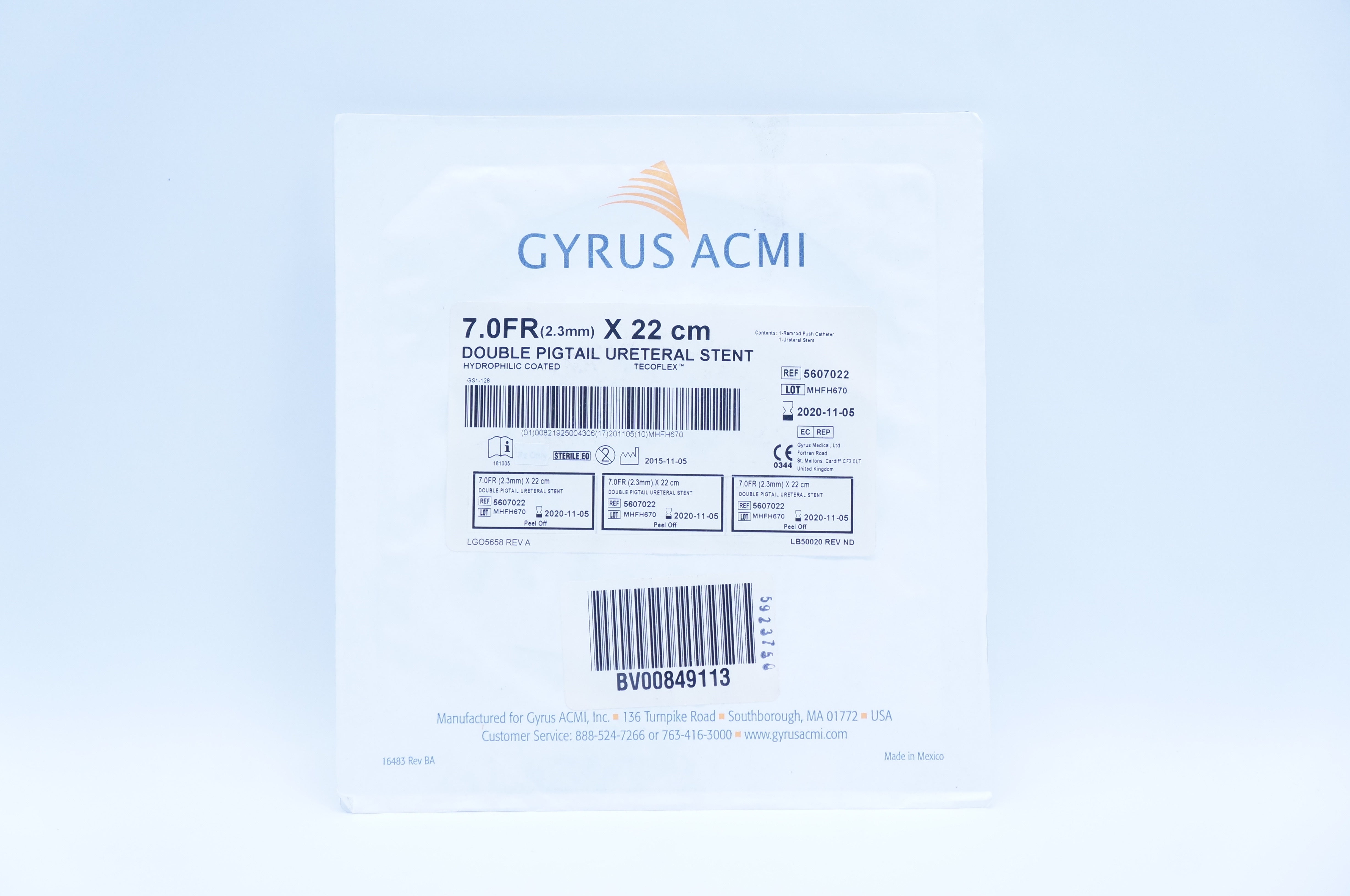 Gyrus ACMI 5607022 Double Pigtail Ureteral Stnt 7Fr. x 22cm (x)