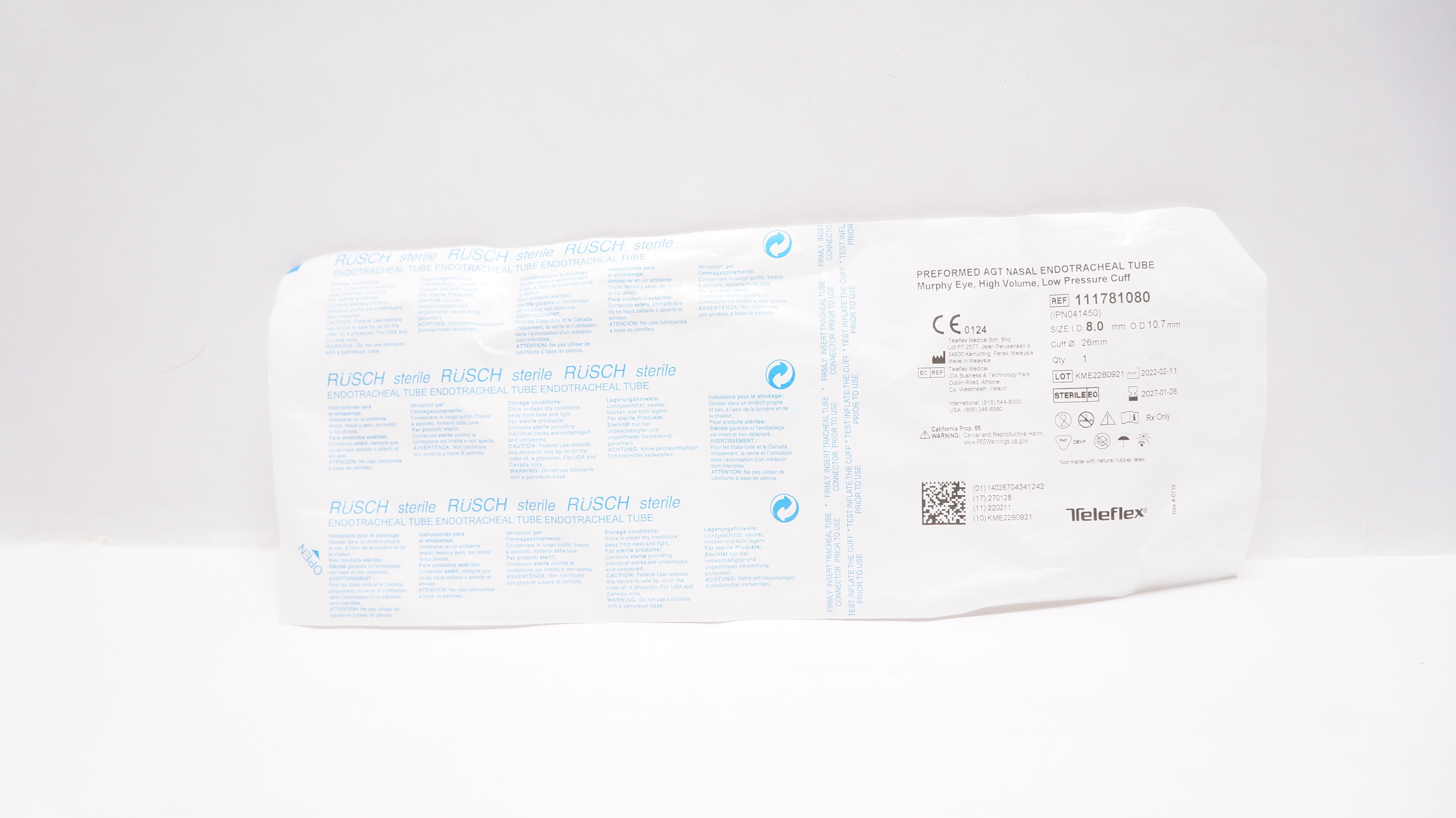 Teleflex 111781080 Preformed Agt Nasal Endotracheal Tube 8.0ID x 10.7OD x 26mm