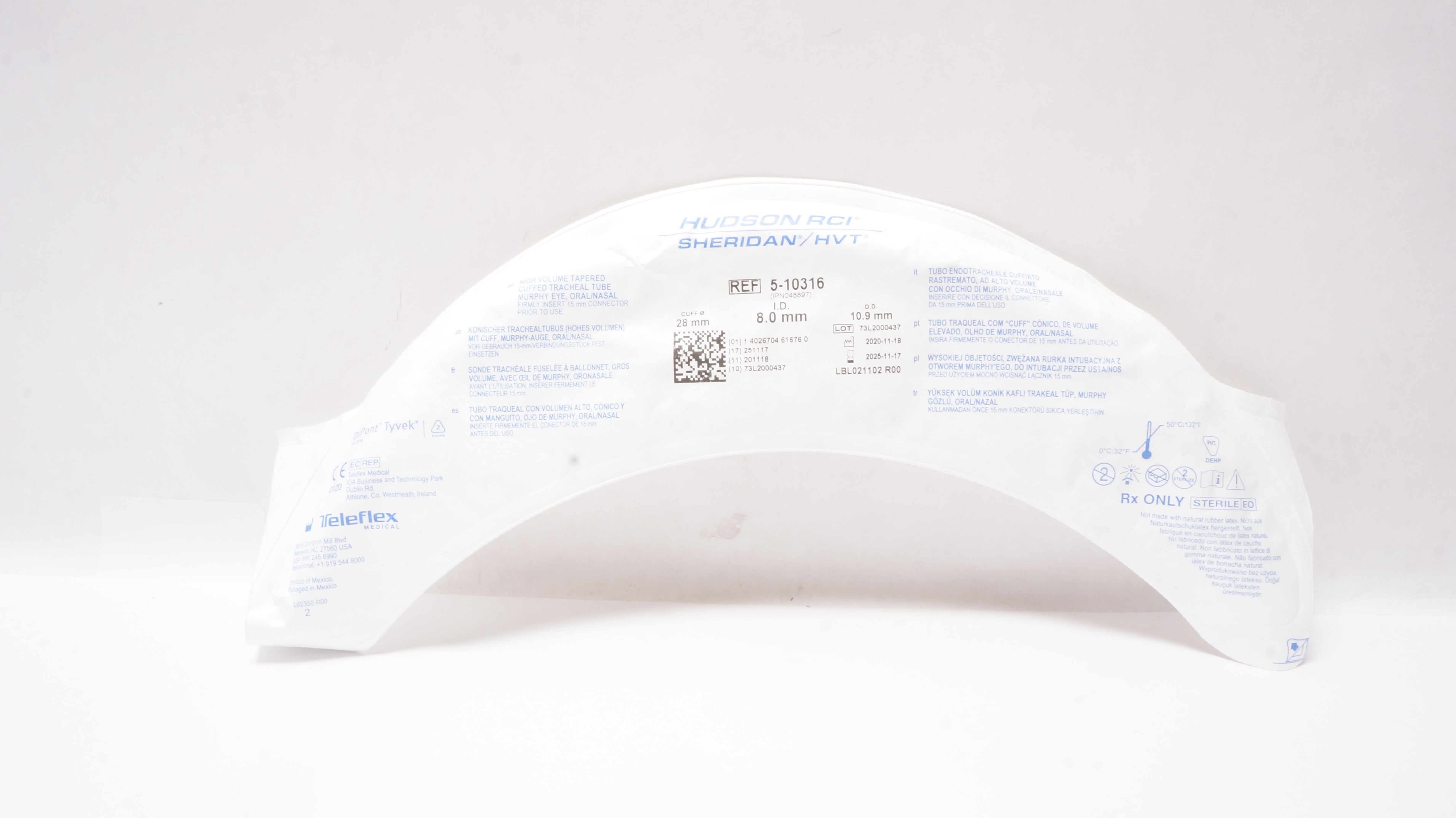 Teleflex 5-10316 Hudson RCI Sheridan HVT Cuffed Tracheal Tube 8.0 x 10.9 x 28mm