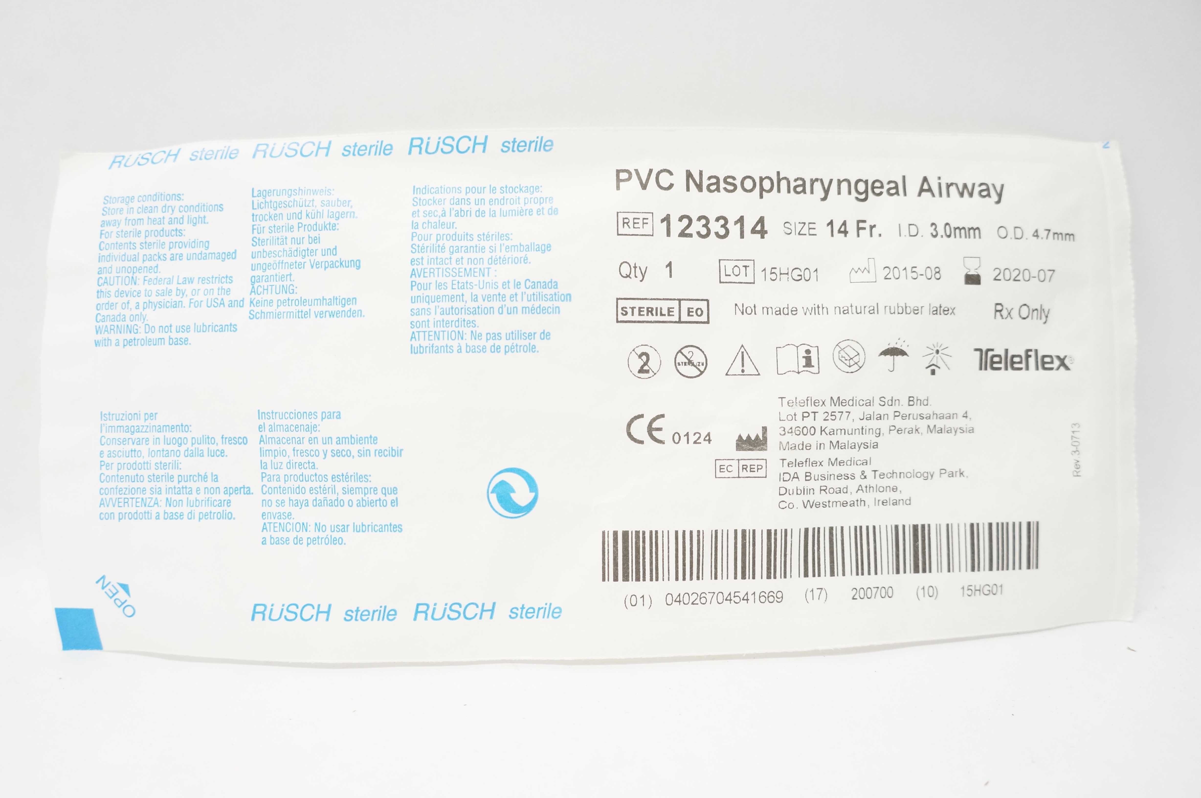 Teleflex 123314 Rusch PVC Nasopharyngeal Airway 14Fr x 3.0mm I.D x 4.7mm O.D (x)