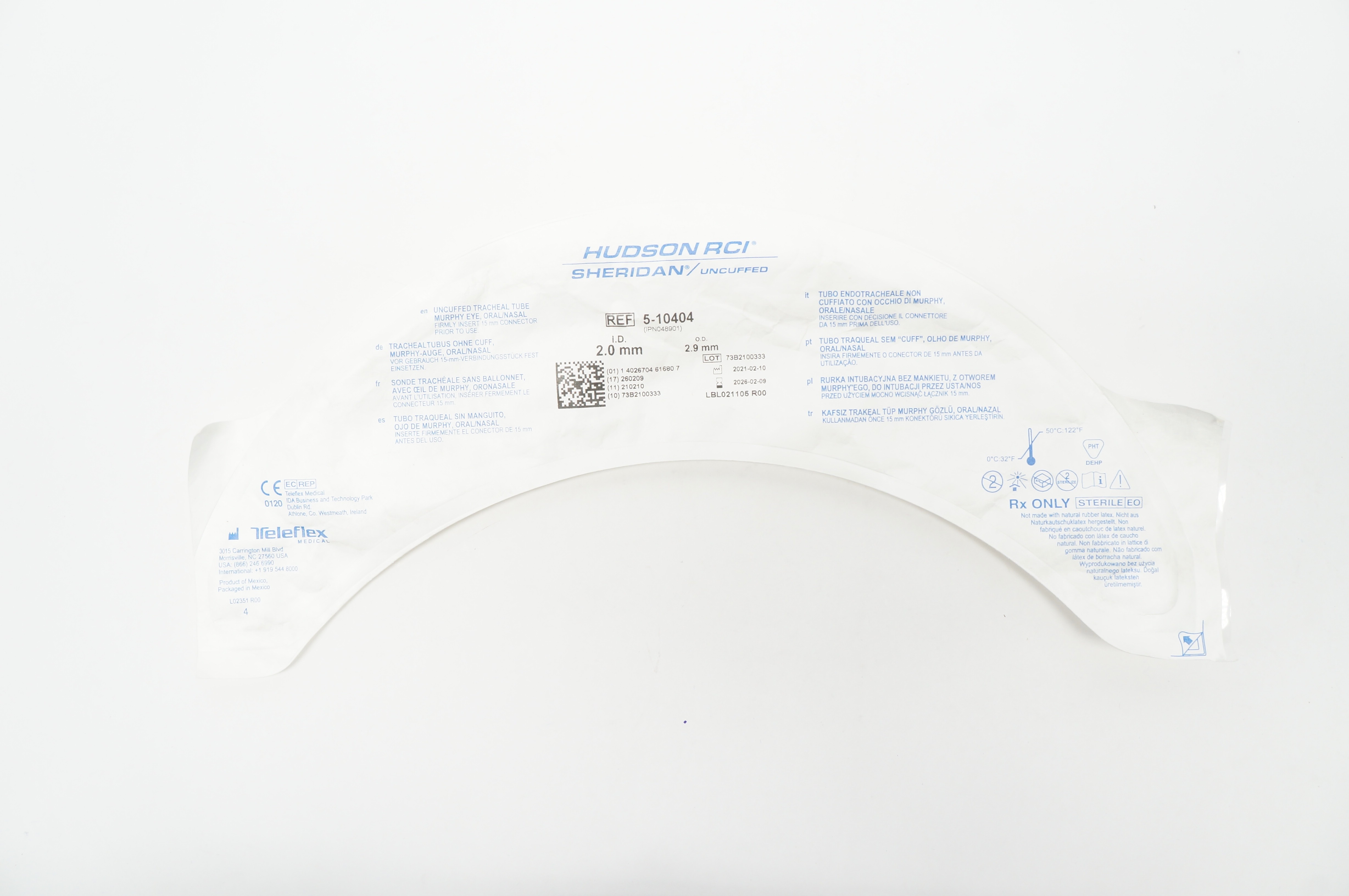 Teleflex 5-10404 Hudson RCI Sheridan HVT Uncuffed Tracheal Tube 2.0 ID x 2.9mmOD