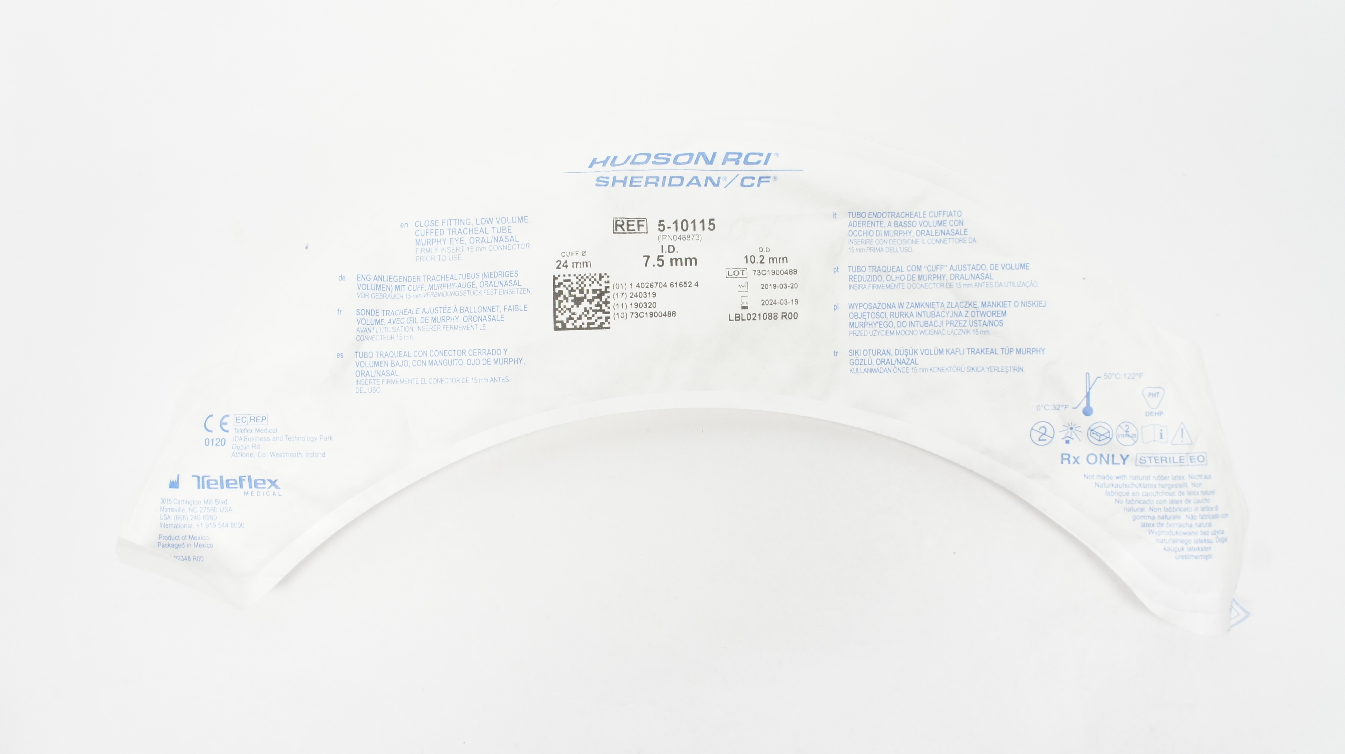 Teleflex 5-10115 Hudson RCI Sheridan CF Cuffed Tracheal Tube 7.5 x 10.2 x24mm