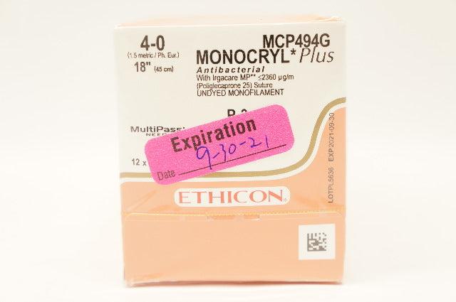 Ethicon MCP494G 4-0 MONOCRYL Plus Stre, P-3 13mm 3/8c Reverse Cutting, 18in. (x)