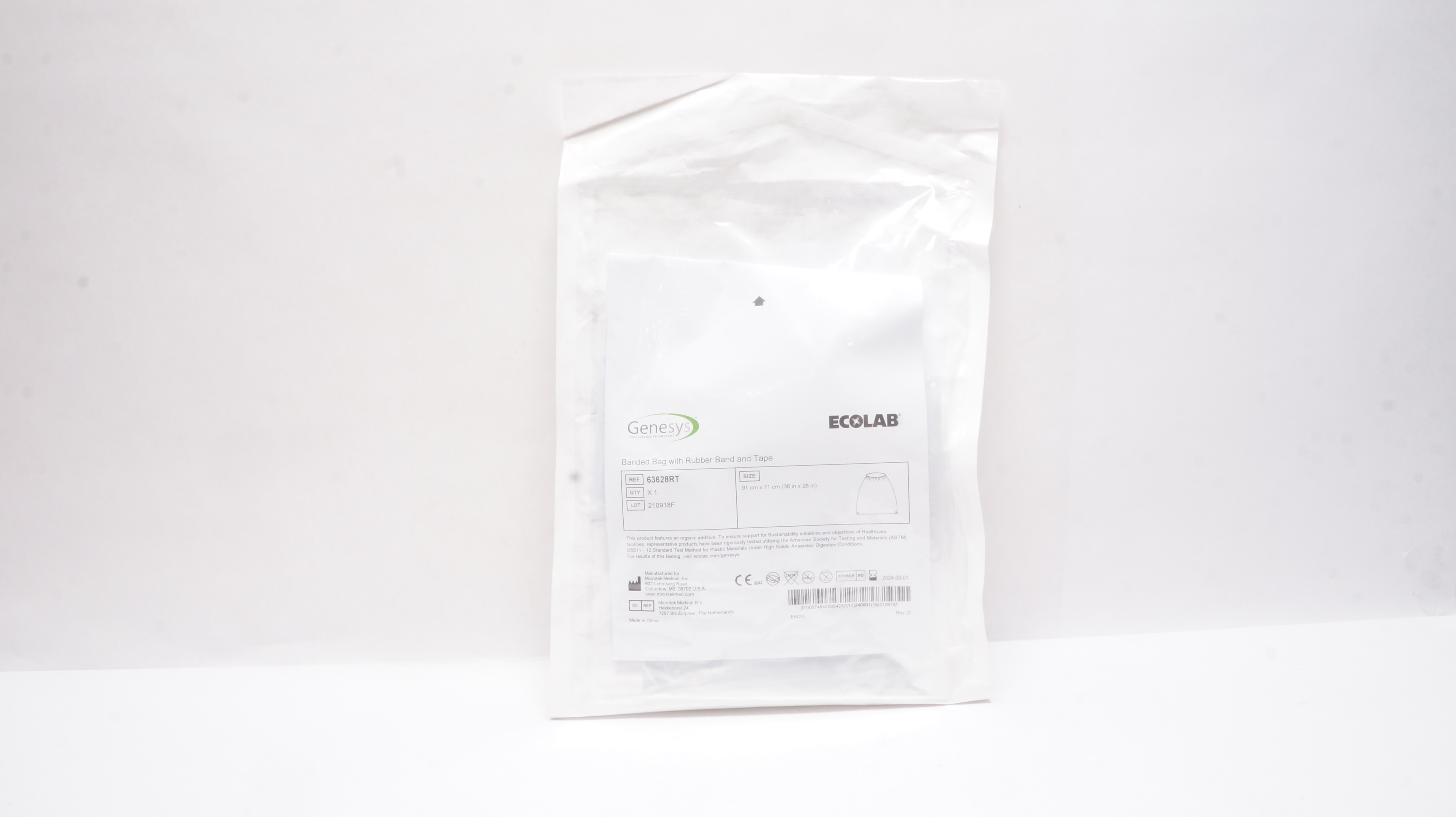 Microtek 63628RT Ecolab Genesys Banded Bag with Rubber Band and Tape 36 x 28inch