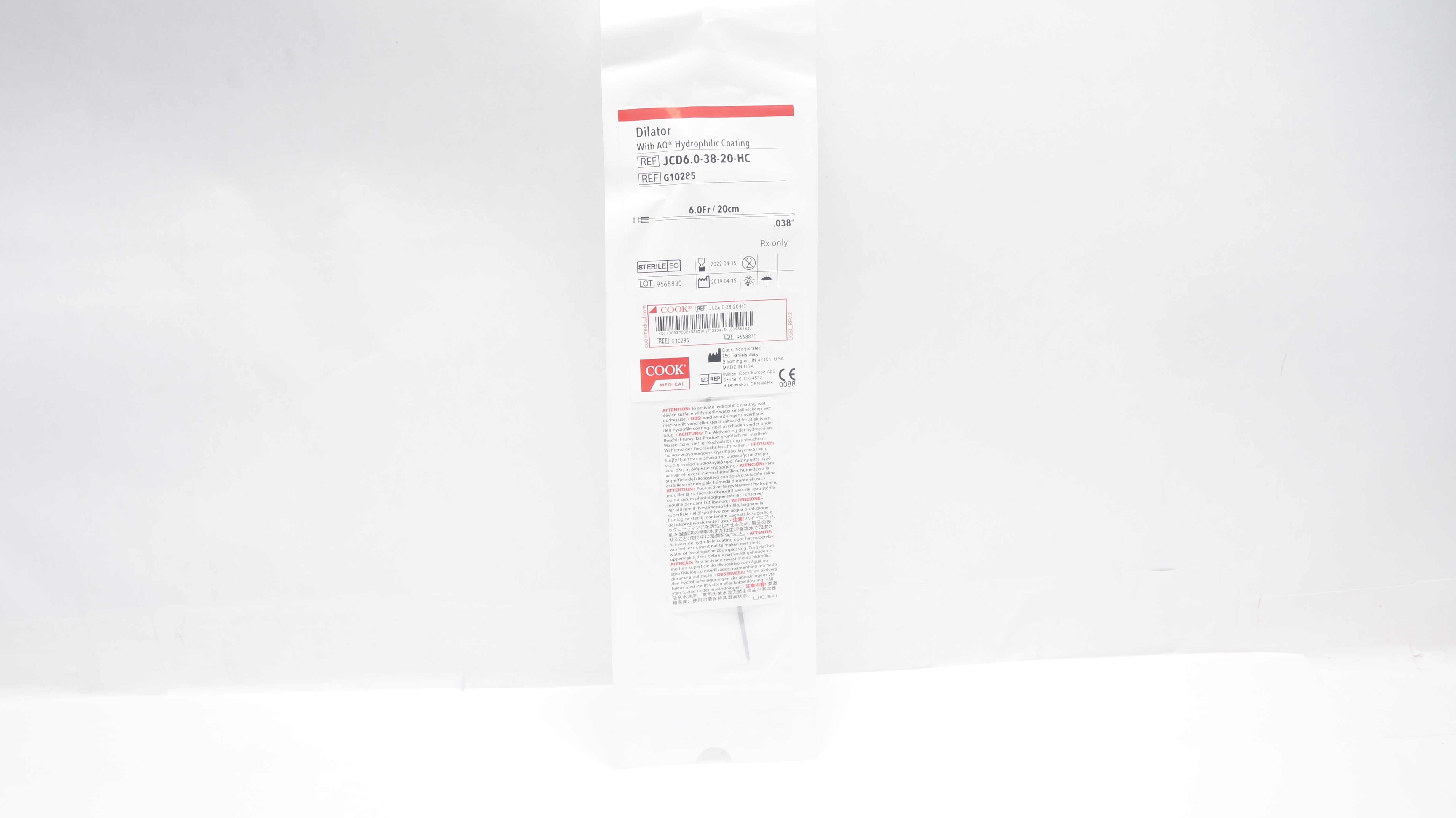Cook Medical G10285 Dilator w/ AQ Hydrophilic Coating 6.0Fr/20cm (x)