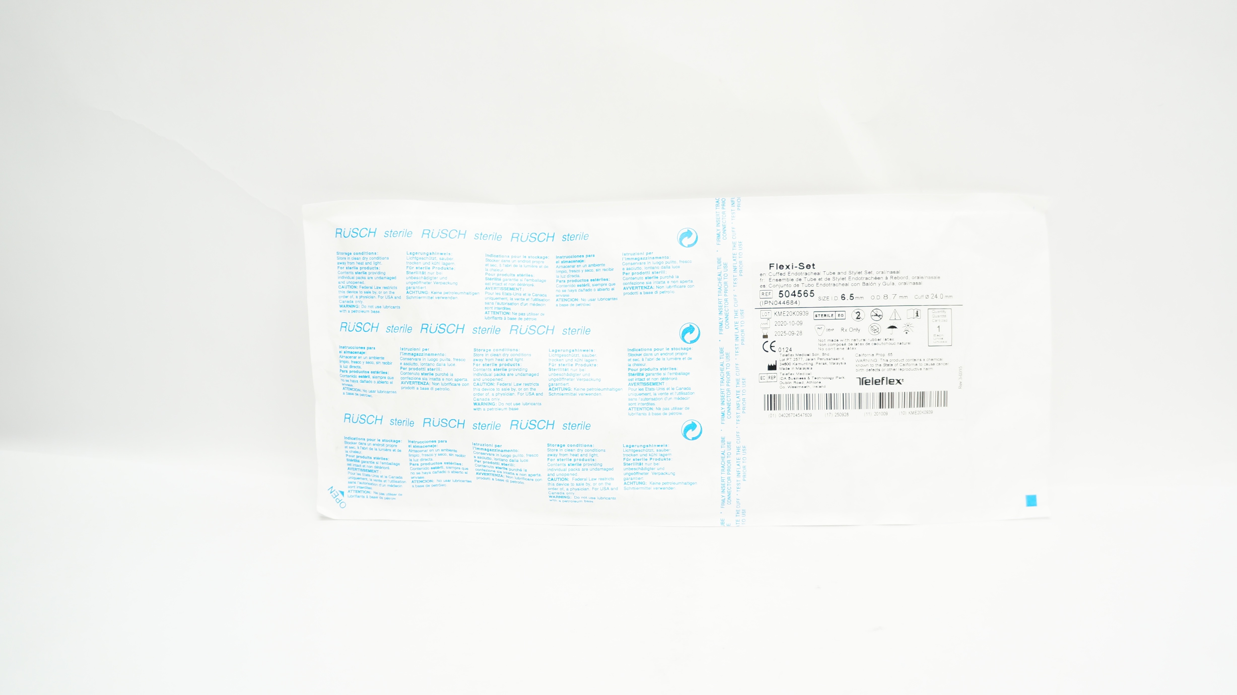 Teleflex 504565 Cuffed Endotracheal Tube Stylet Set 6.5mm ID x 8.7mm OD x 24mm