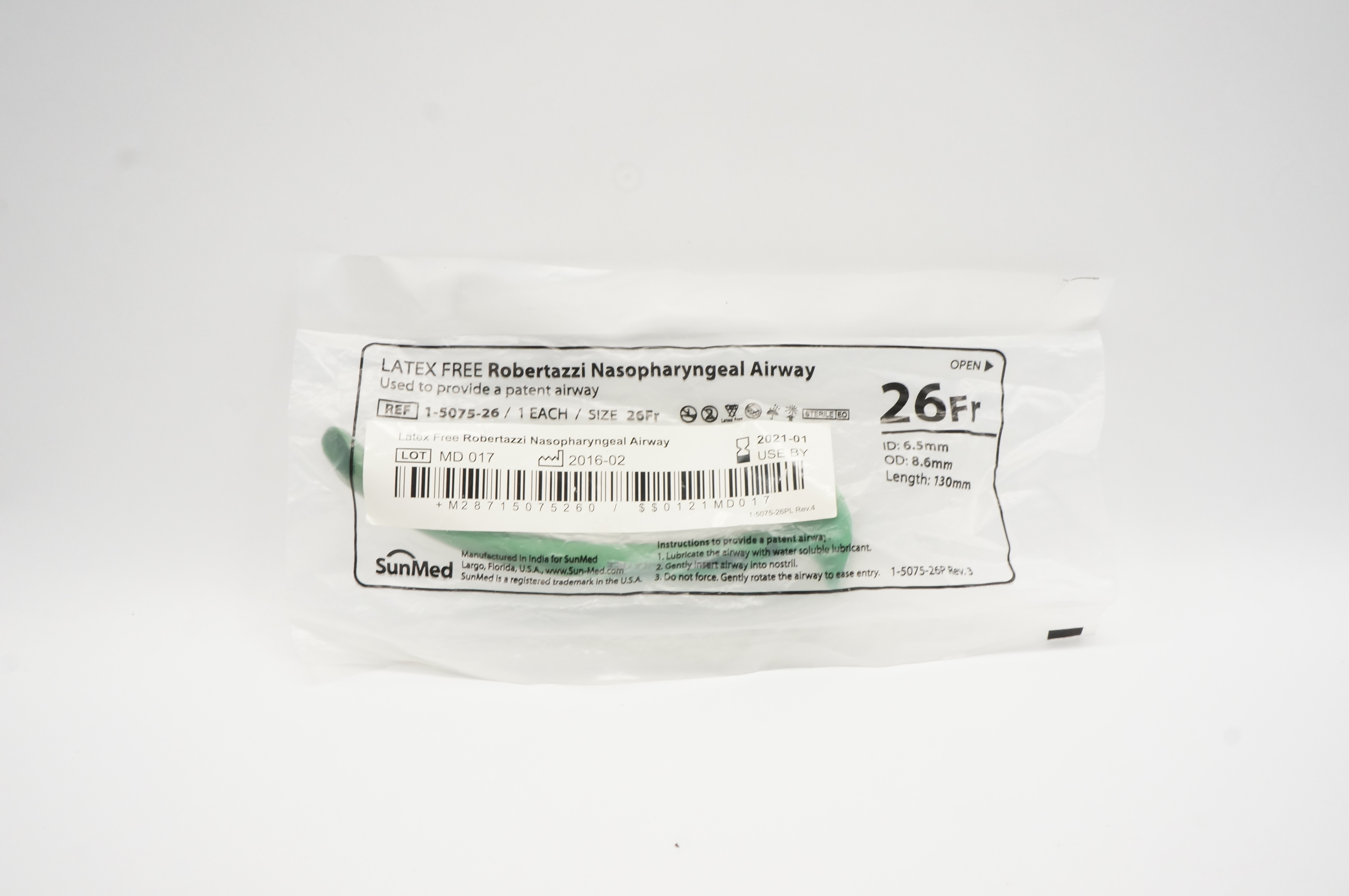 SunMed 1-5075-26 Robertazzi Nasopharyngeal Airway 26Fr x6.5ID x 8.6OD x 130mm(x)