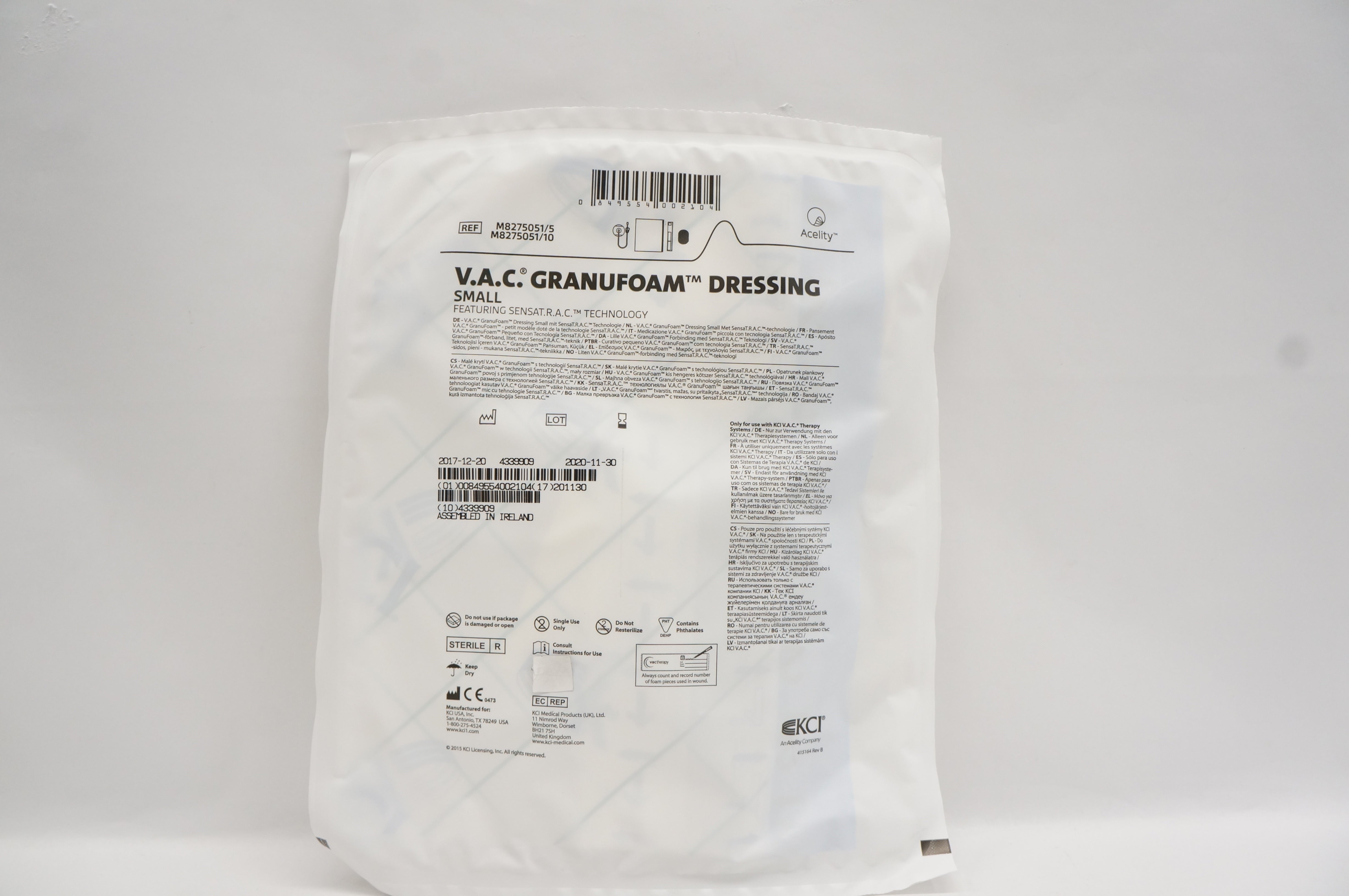 KCI M8275051/5 V.A.C. Granufoam Dressing Featuring SENSAT.R.A.C.Technology, S(x)