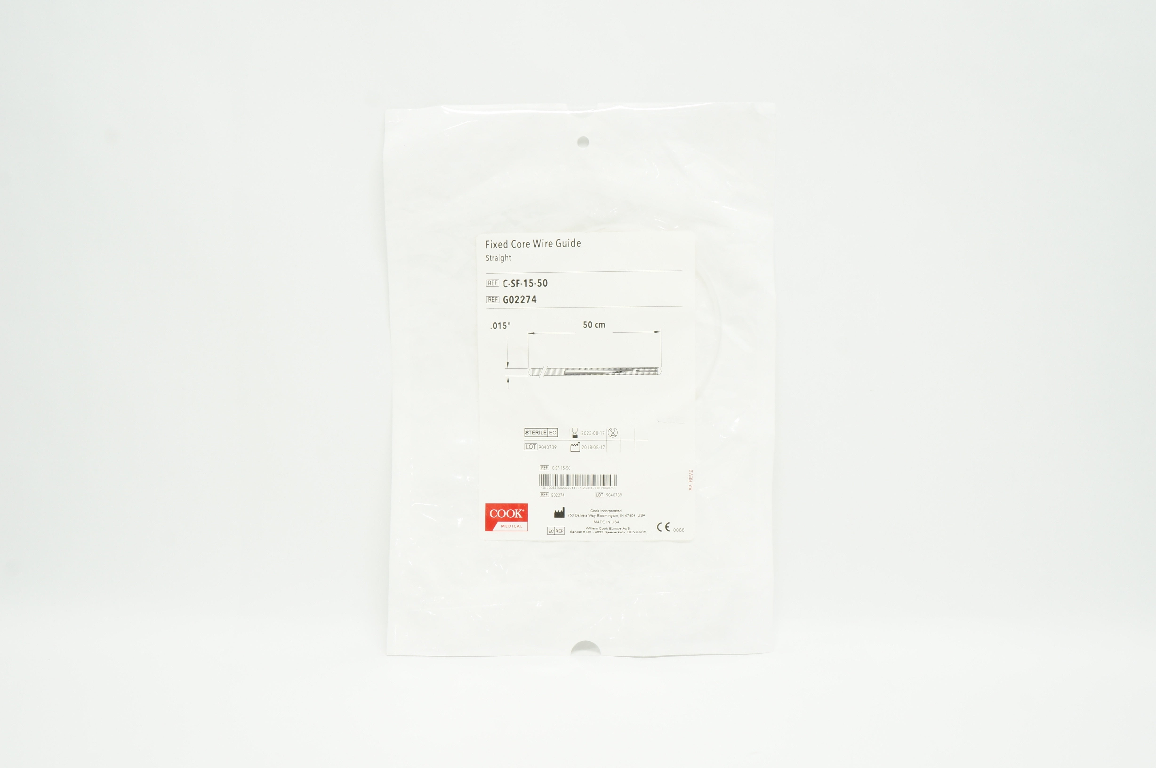 Cook Medical G02274 Fixed Core Wire Guide Straight 0.015inch x 50cm