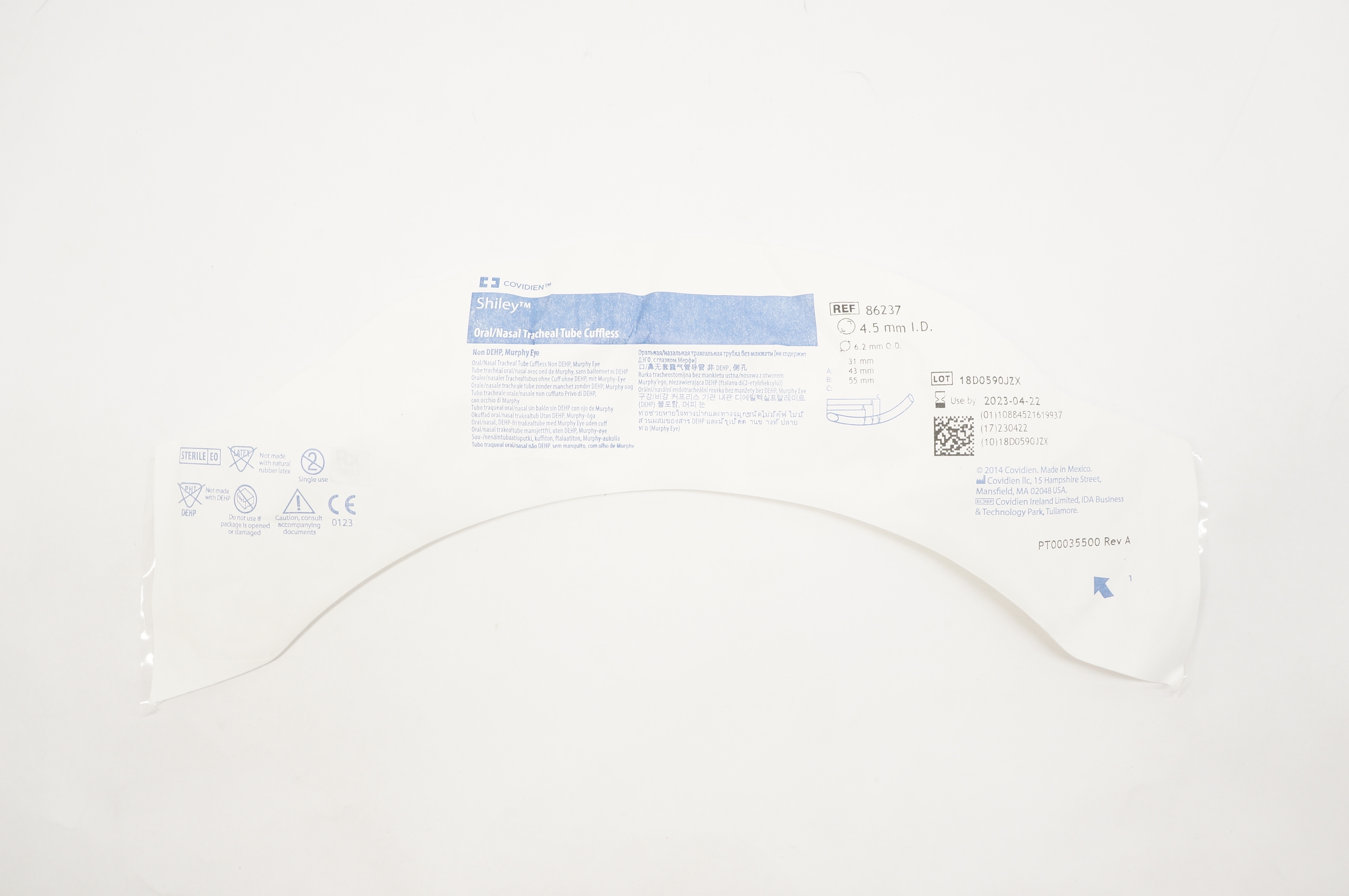 Covidien 86237 Shiley Oral/Nasal Tracheal Tube Cuffless 4.5mm x 6.2mm (x)