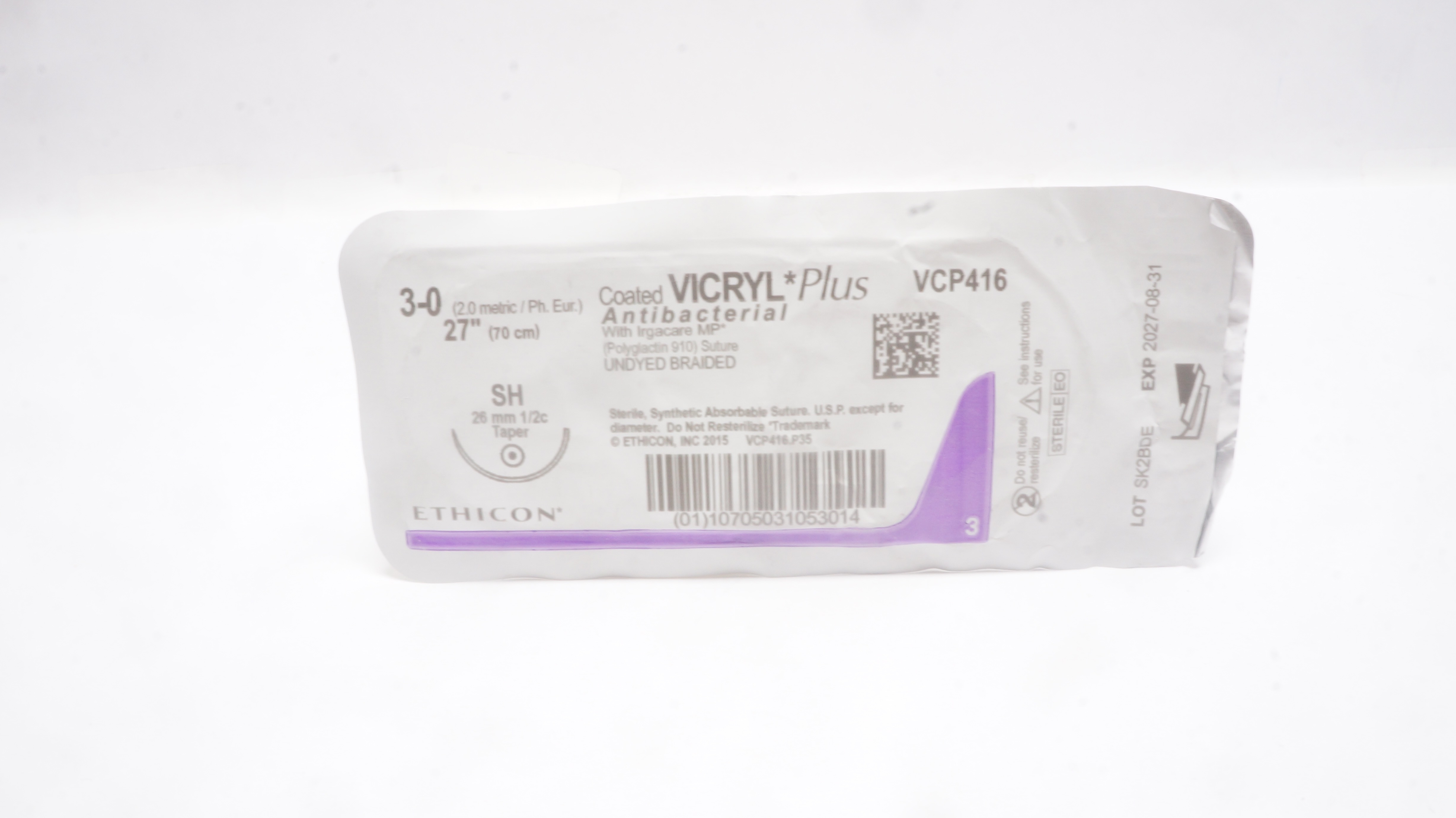 Ethicon VCP416 3-0 Vicryl Plus Antibacterial Stre SH 26mm 1/2c Taper, 27inch
