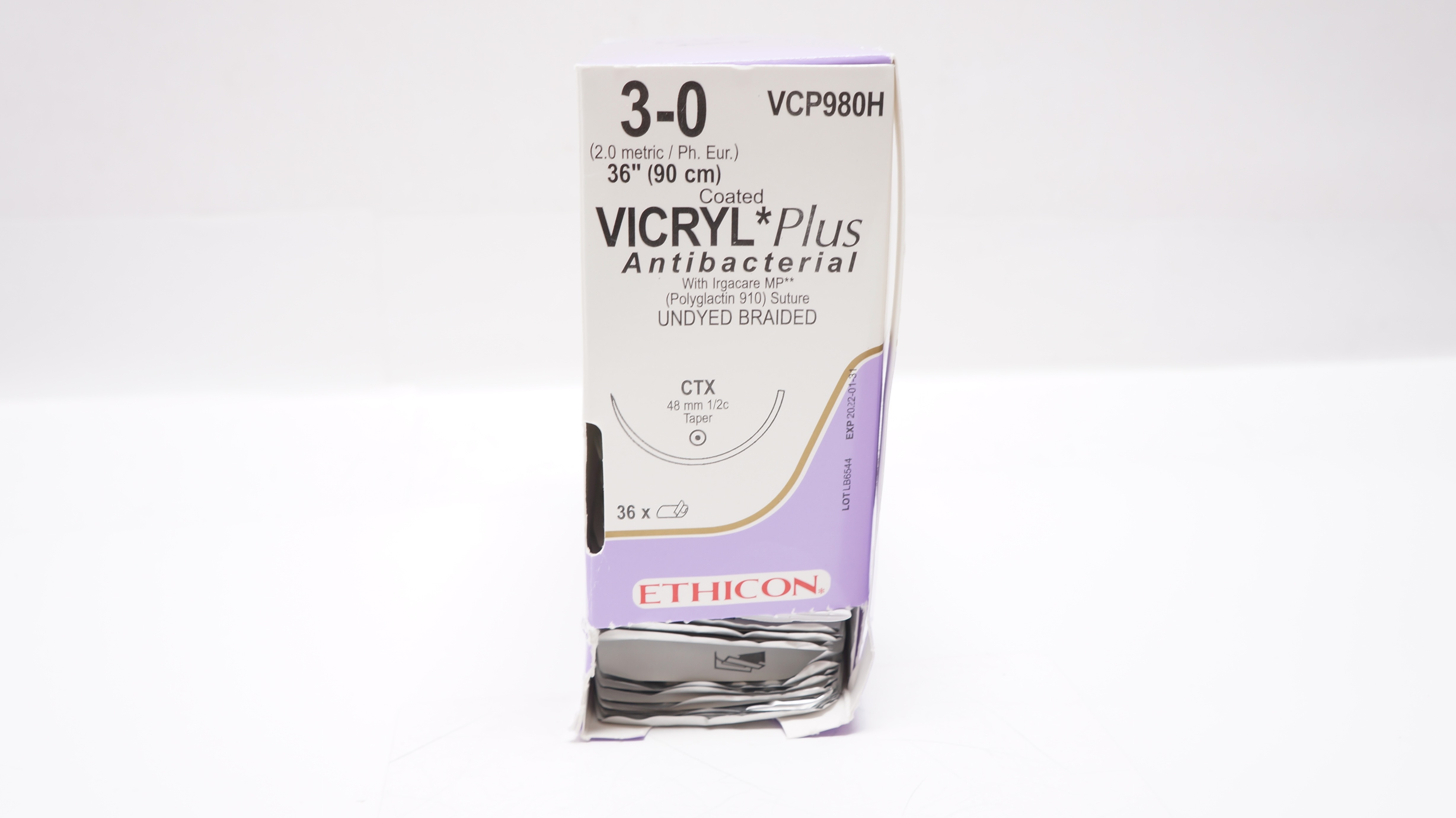 Ethicon VCP980H 3-0 Coated VICRYL Plus, CTX 48mm 1/2c Taper, 36in (x)- Box of 36