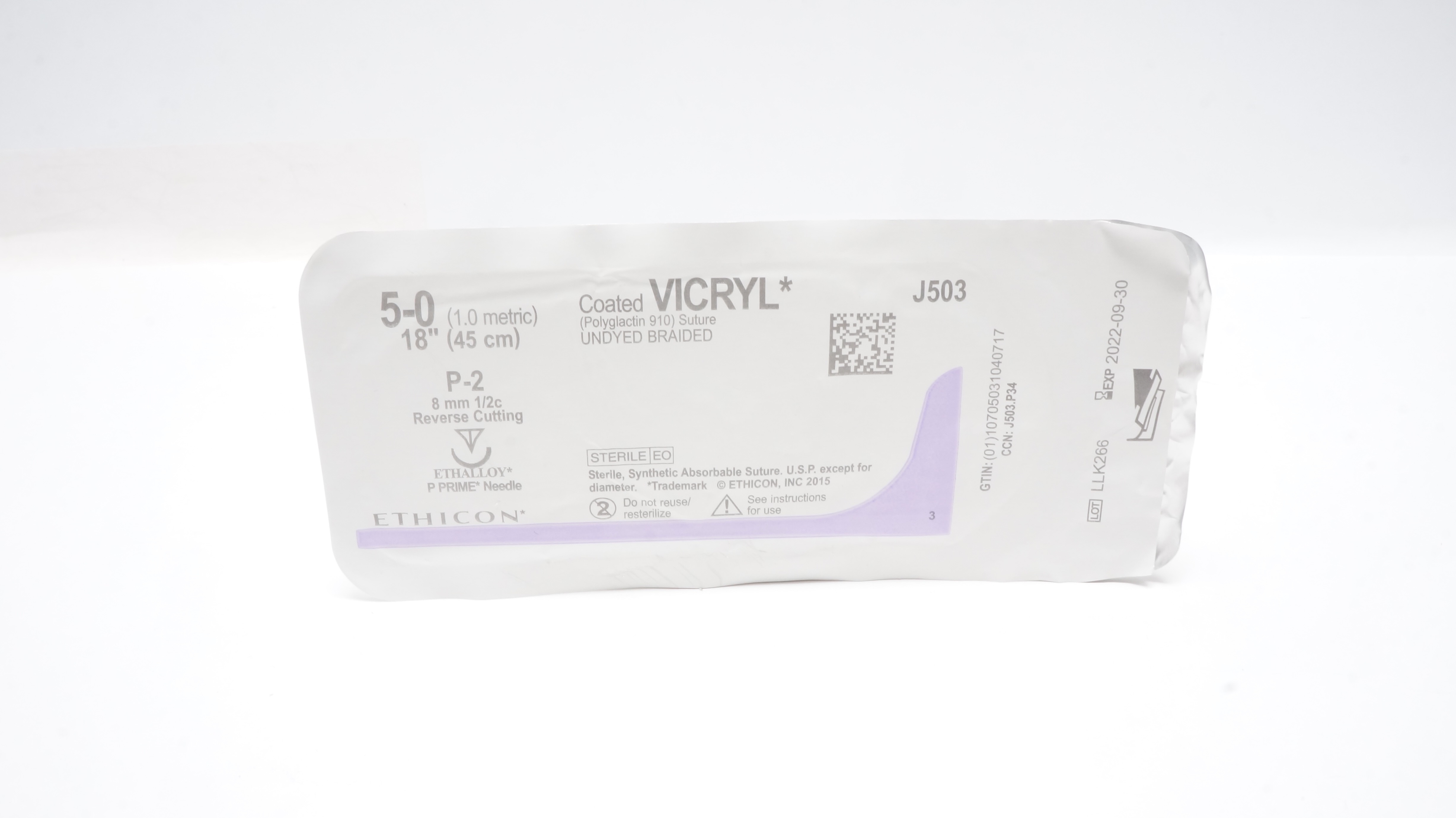 Ethicon J503 5-0 Coated VICRYL Stre P-2 8mm 1/2c Reverse Cutting 18inch (x)