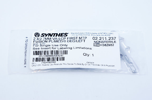 Synthes 02.211.237 2.4/2.7MM VA-LCP FIRST MTP FUSION PL/MED/0 DEG/LEFT