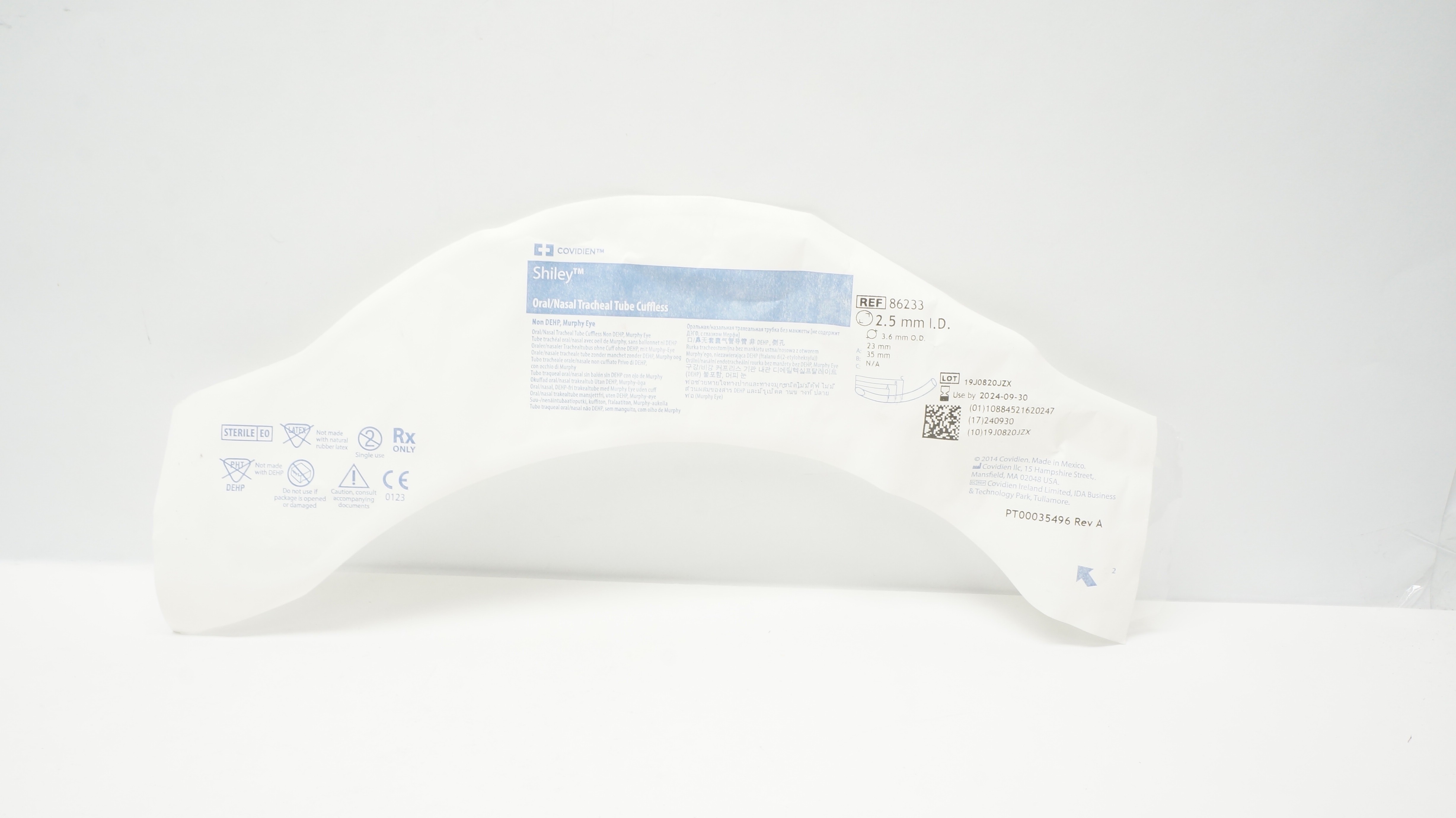Covidien 86233 Shiley Oral/Nasal Tracheal Tube Cuffless 2.5mmI.D. x 3.6mmO.D.(x)
