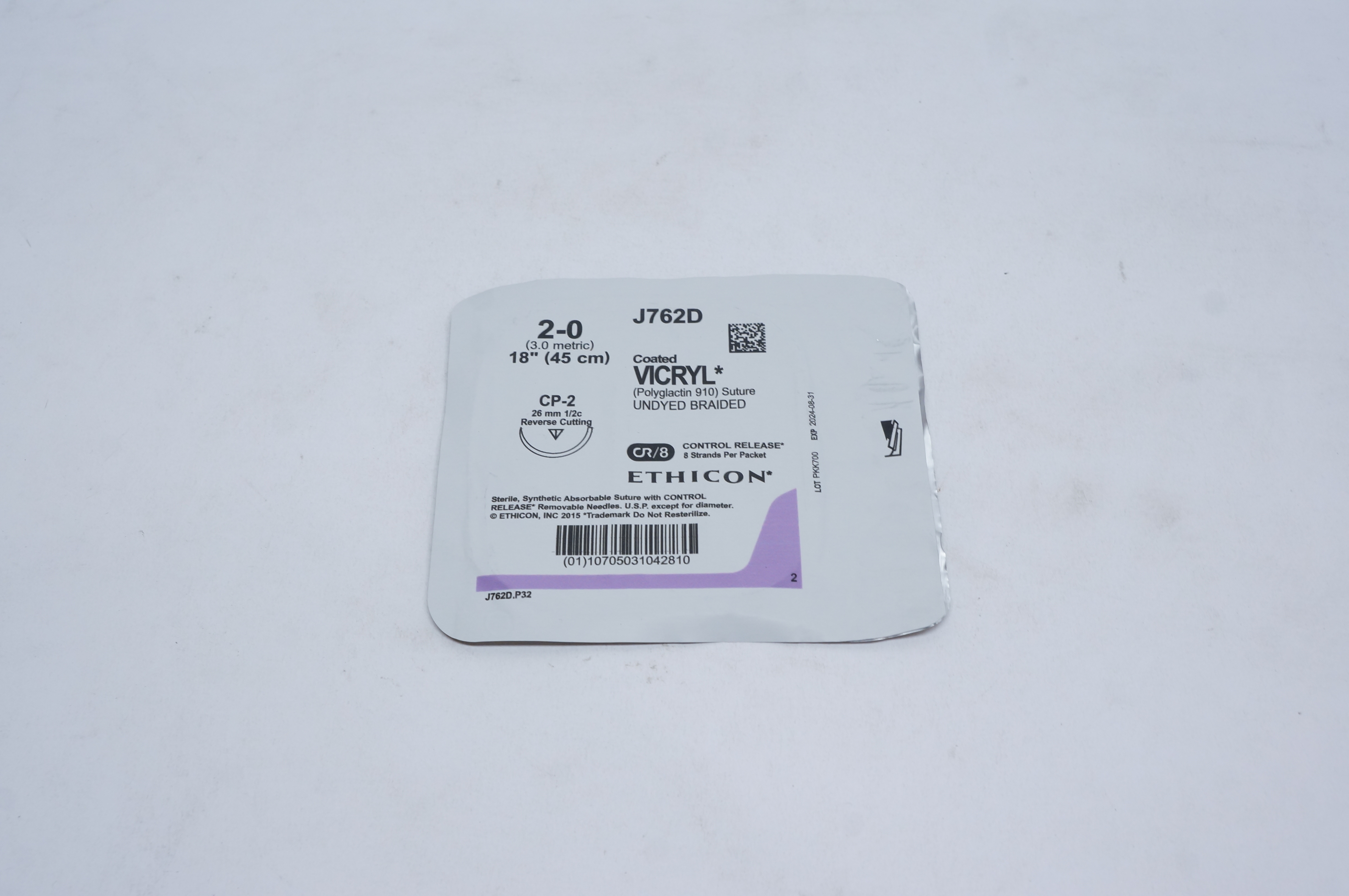 Ethicon J762D 2-0 VICRYL, CP-2, 26mm 1/2c Reverse Cutting, 18inch