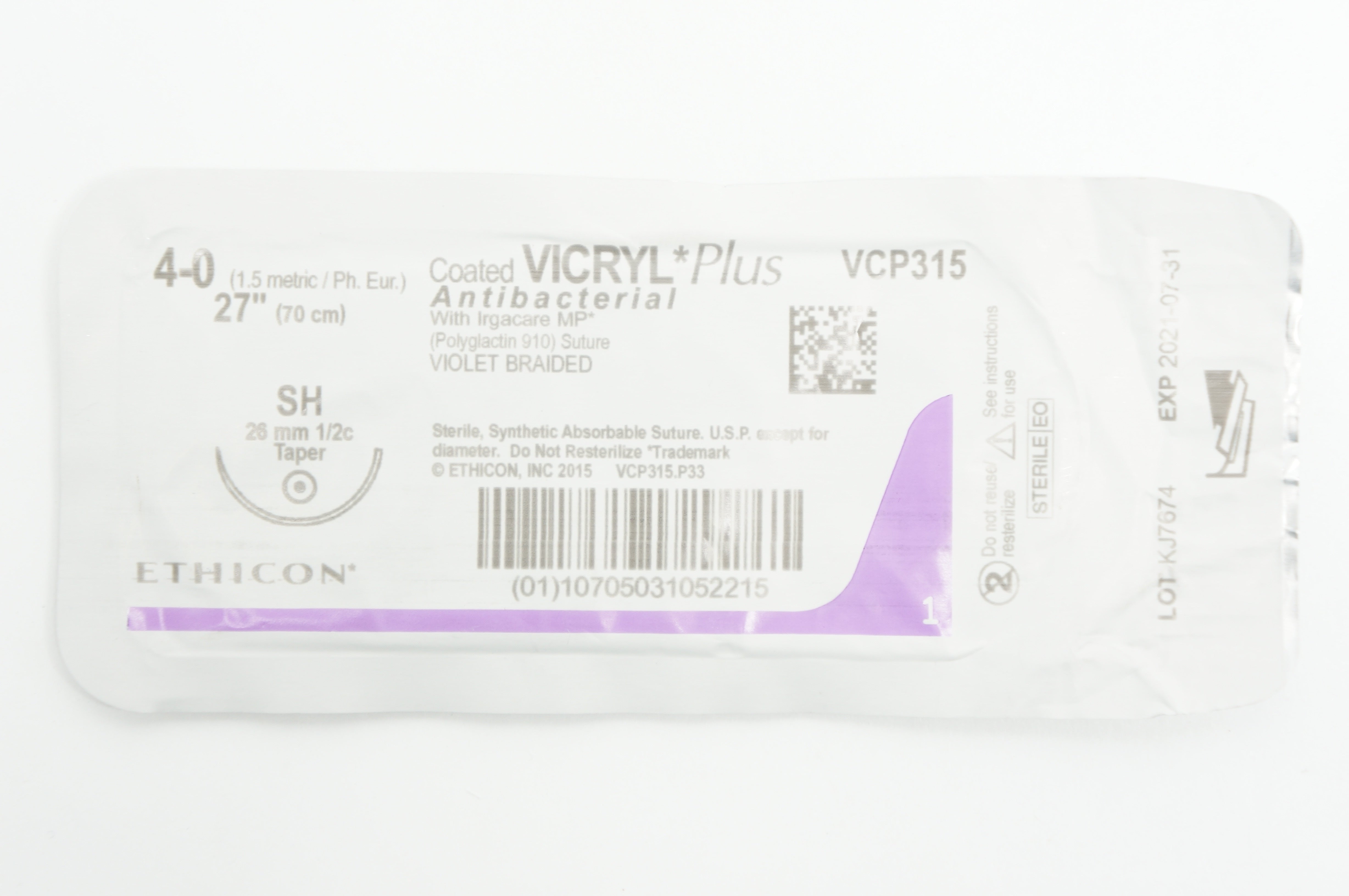 Ethicon VCP315 4-0 Coated VICRYL Plus Antibacterial SH 26mm 1/2c Taper 27 in (x)