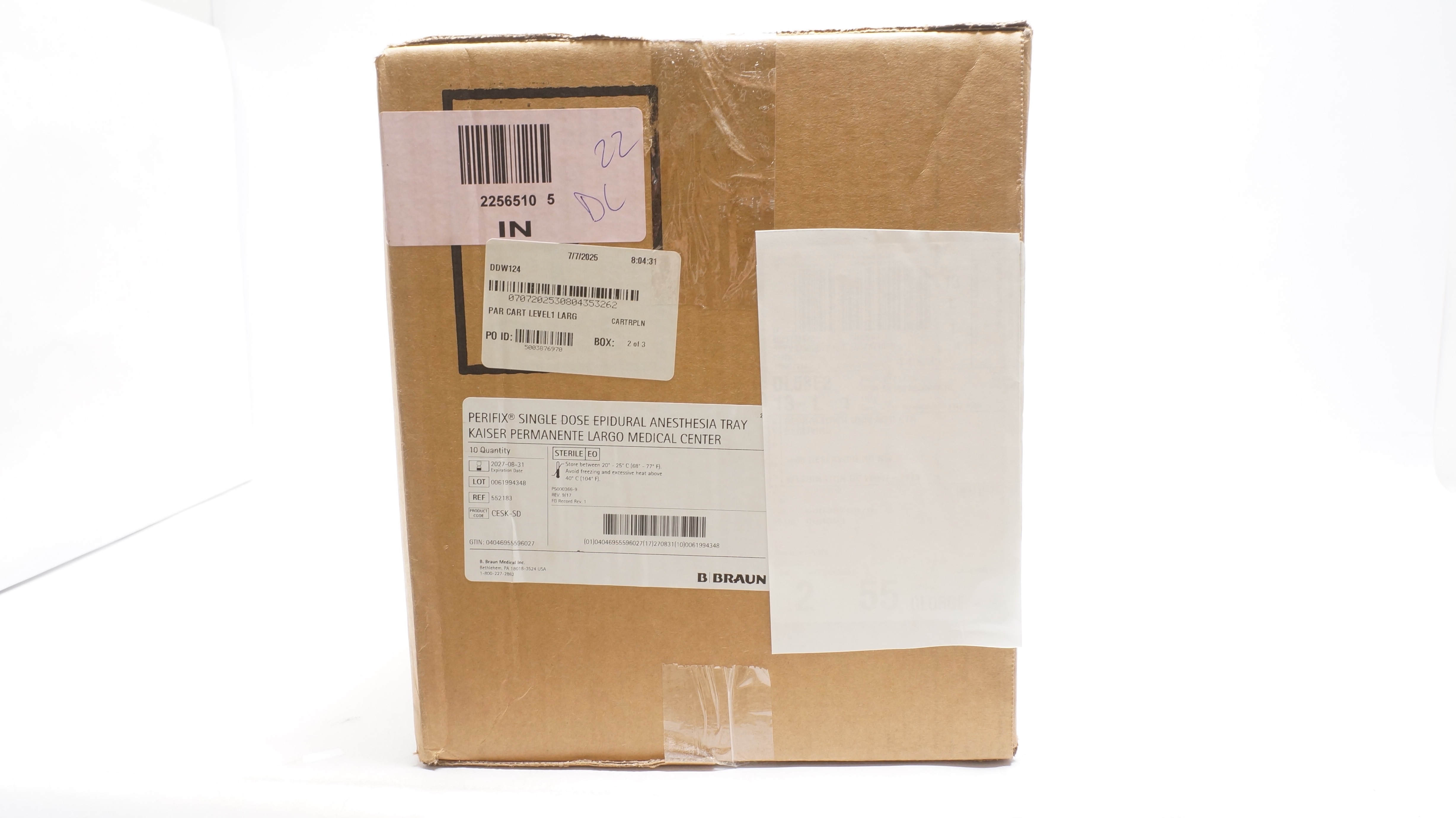 Braun 552183 PERIFIX Single Dose Epidural Anesthesia Tray - Case of 10
