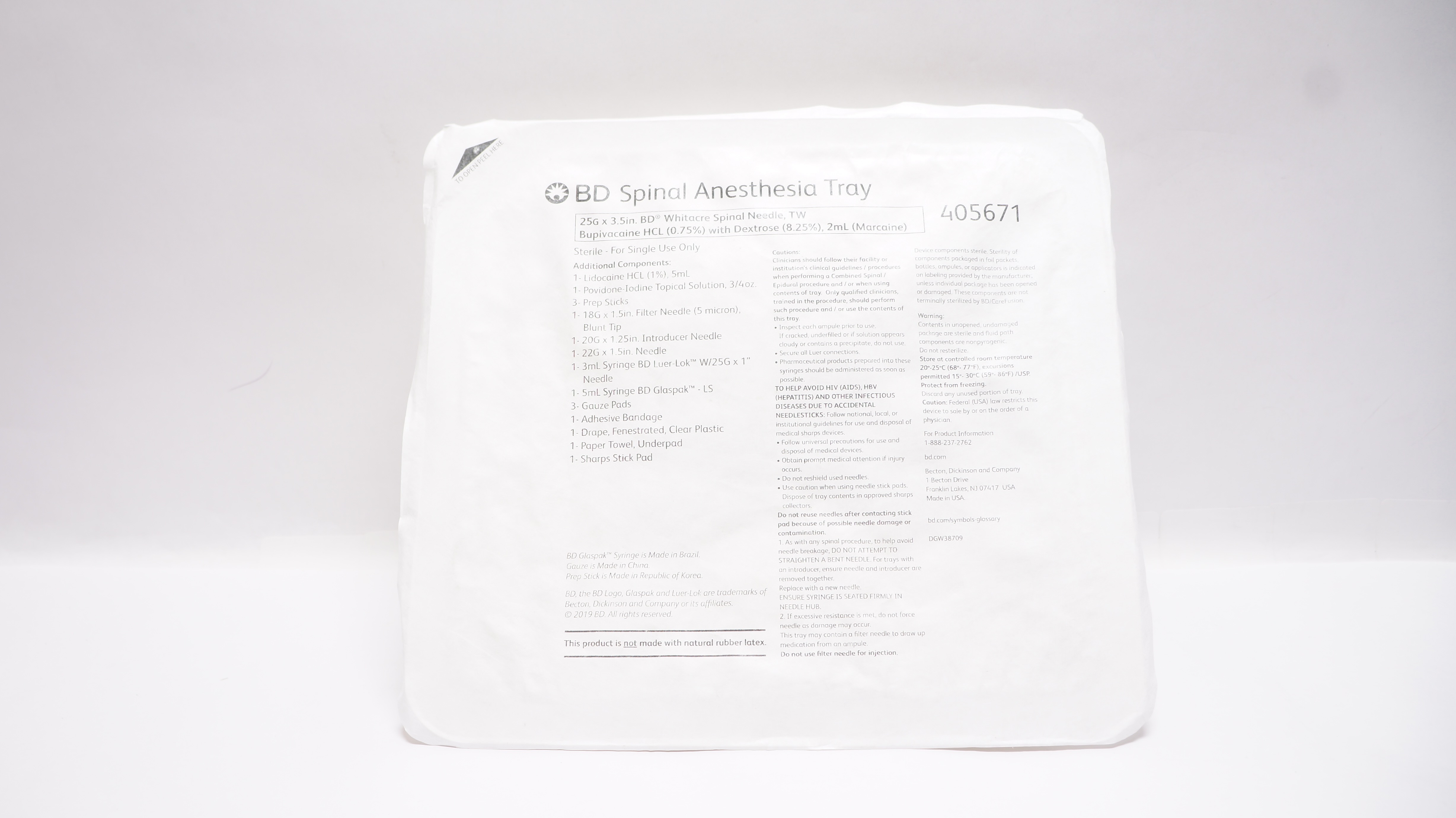 BD 405671 Spinal Anesthesia Tray 25G x 3.5inch Spinal Ndle (x)