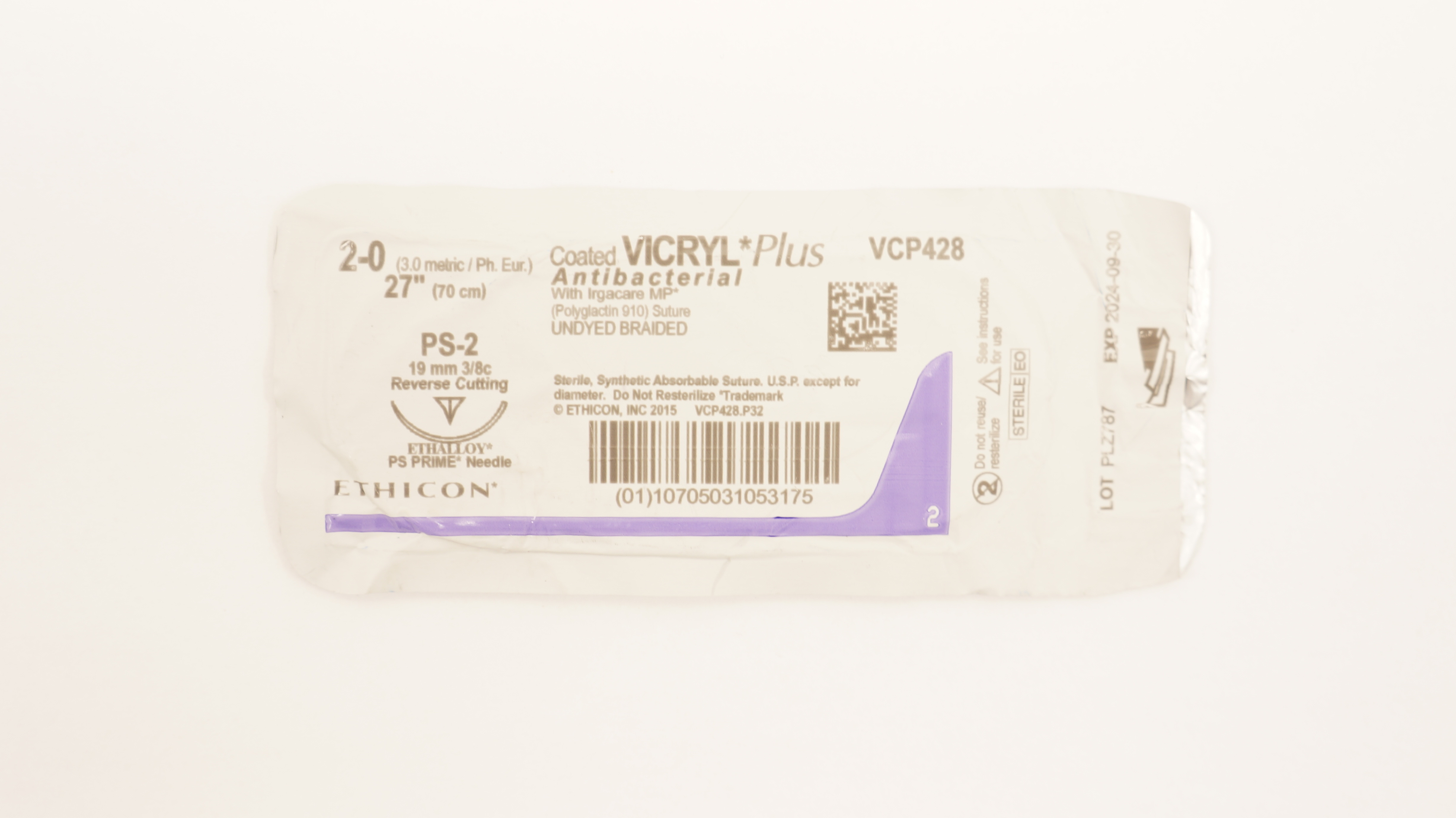Ethicon VCP428 2-0 Coated Vicryl Plus Stre PS-2 19mm 3/8c Reverse Cutting 27inch